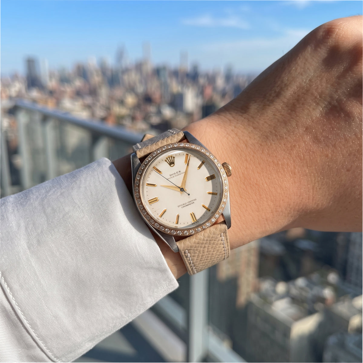 Ladies Vintage Rolex Oyster Perpetual 34MM 6567 Diamond Bezel Steel Gold Watch