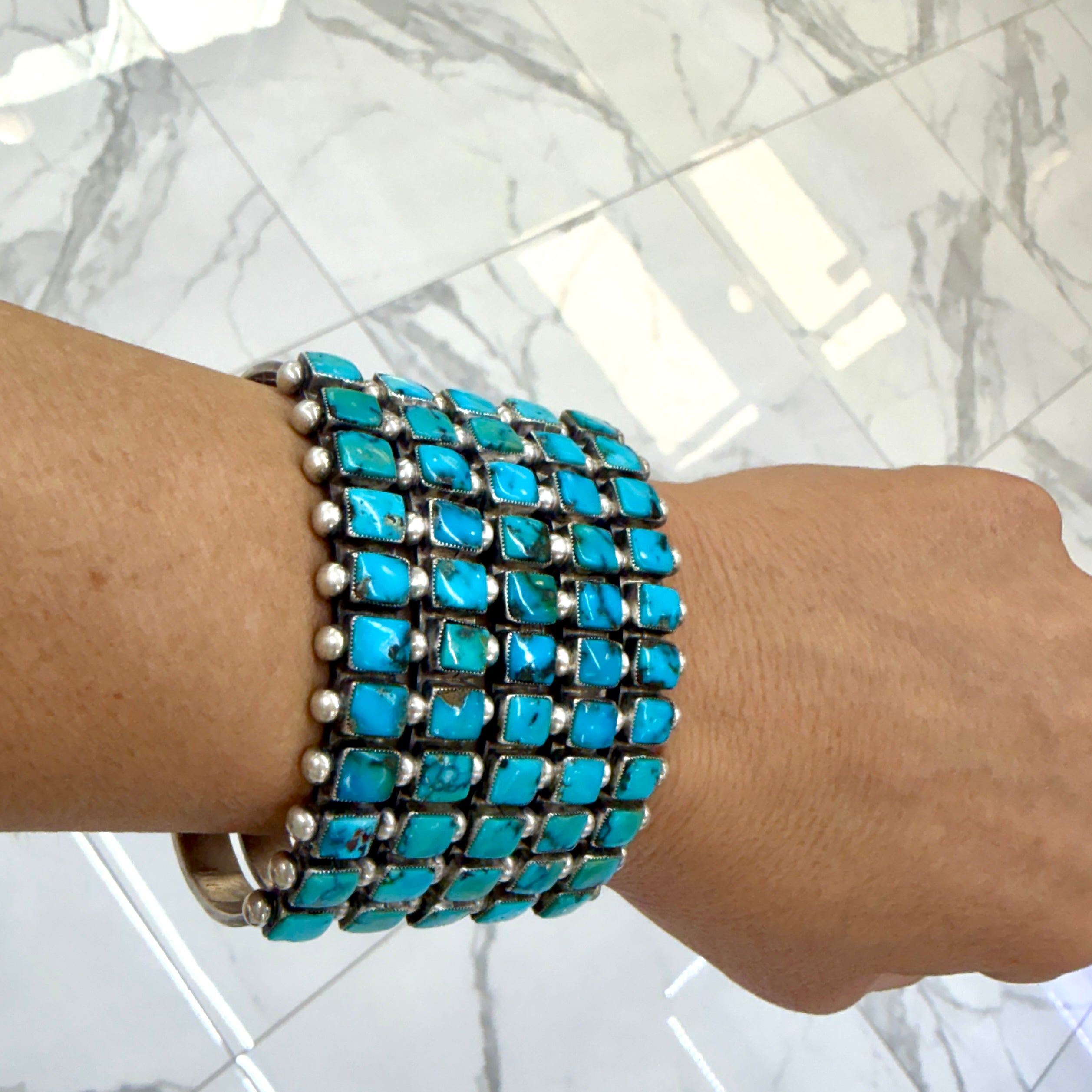 Vintage Sterling Silver Native American Five Row Turquoise Cuff Bracelet