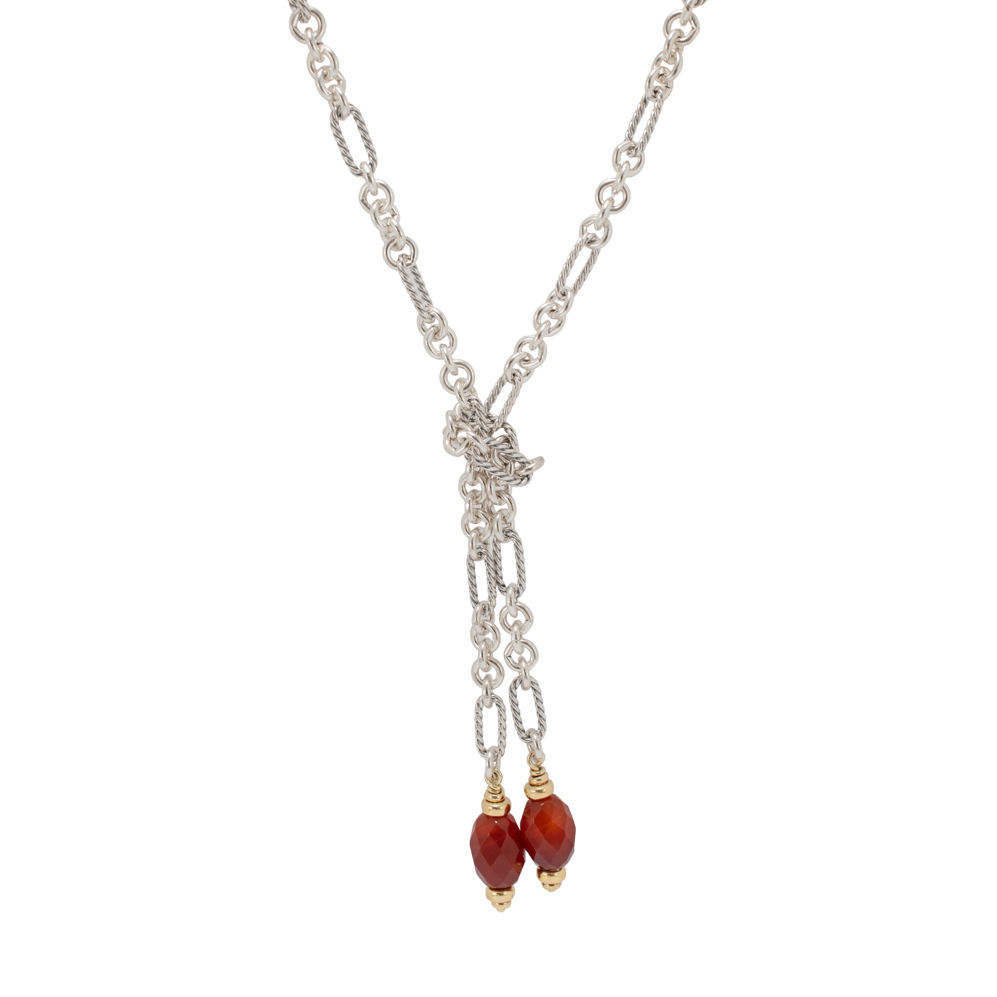 David Yurman Sterling Silver 18K Gold Carnelian Cable Link Lariat Chain Necklace