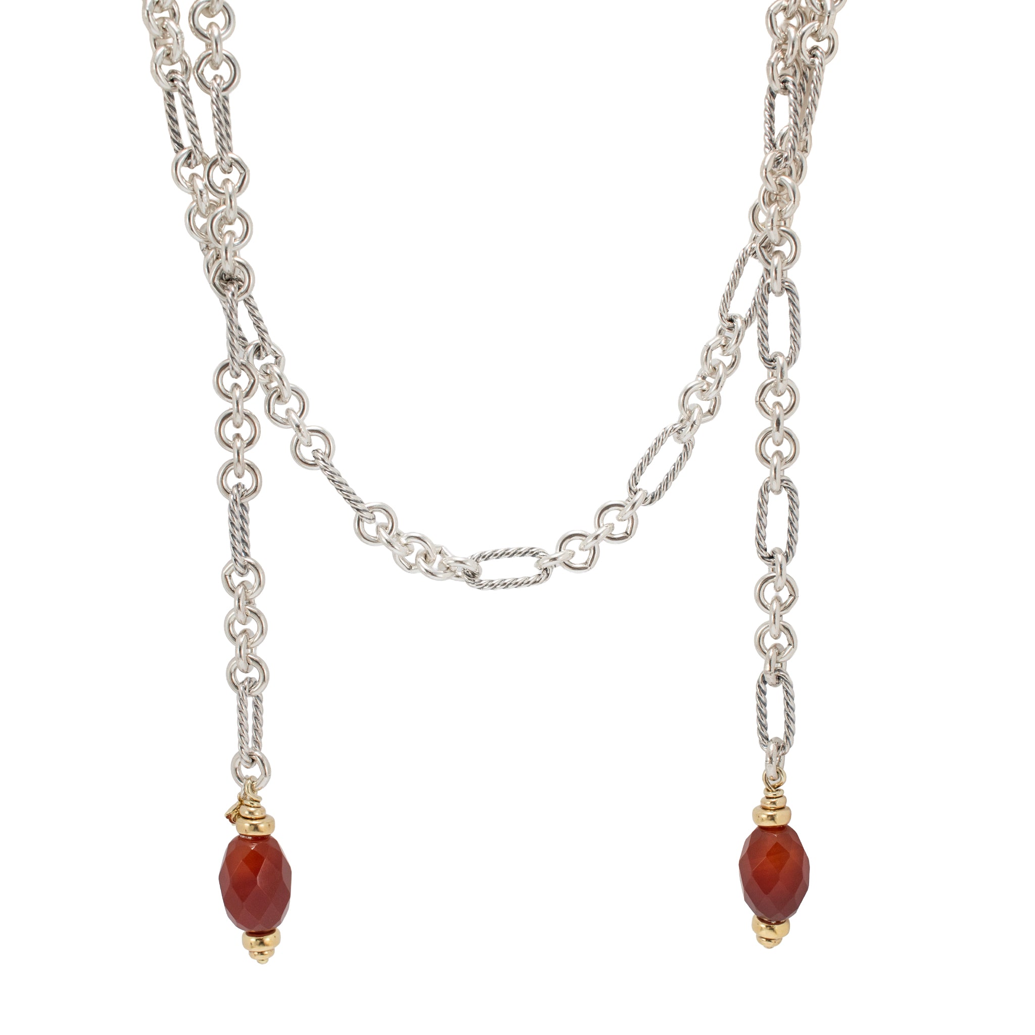 David Yurman Sterling Silver 18K Gold Carnelian Cable Link Lariat Chain Necklace