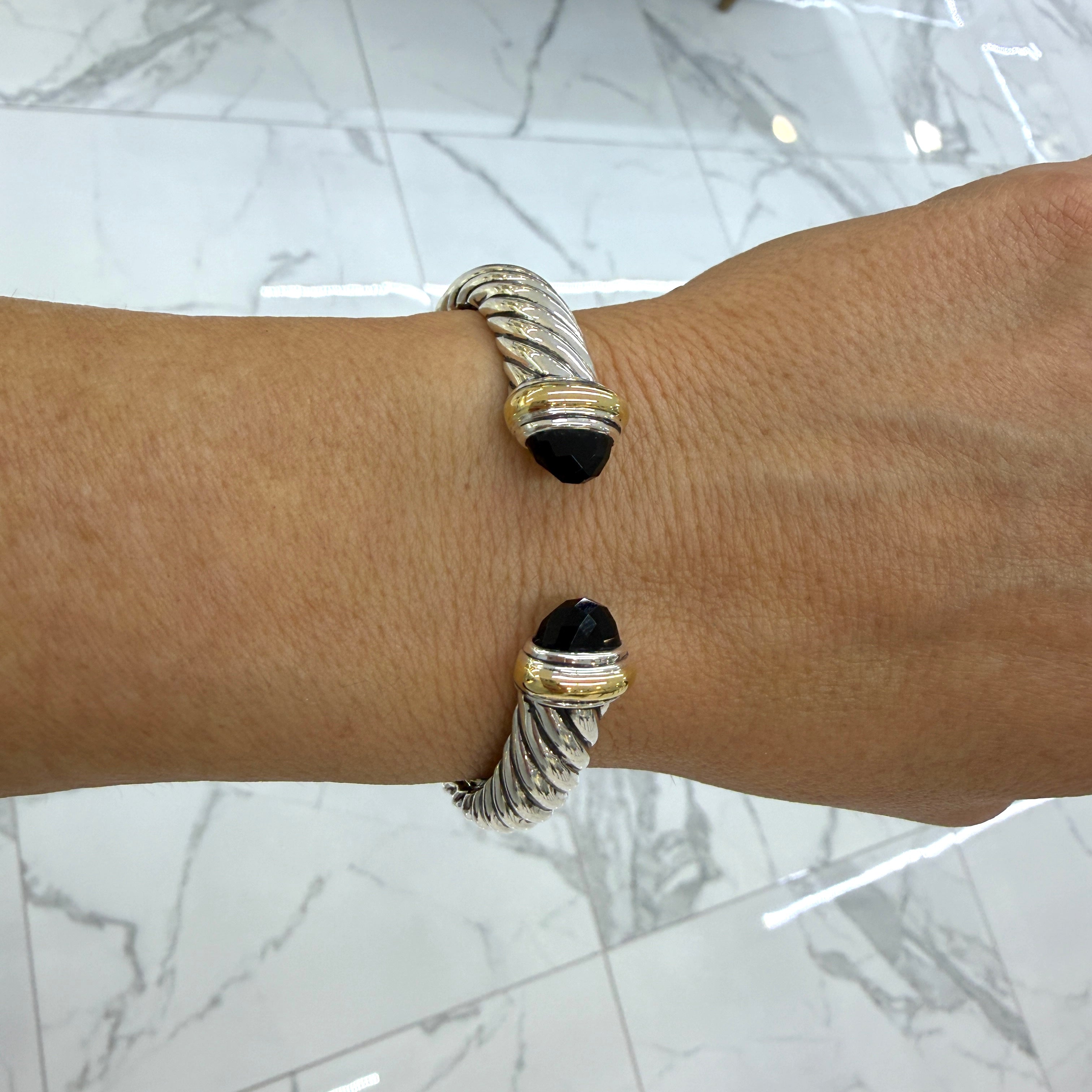David Yurman Classic Hinged Cable 10MM 18K Yg 925 Ss Onyx Cuff Bangle Bracelet