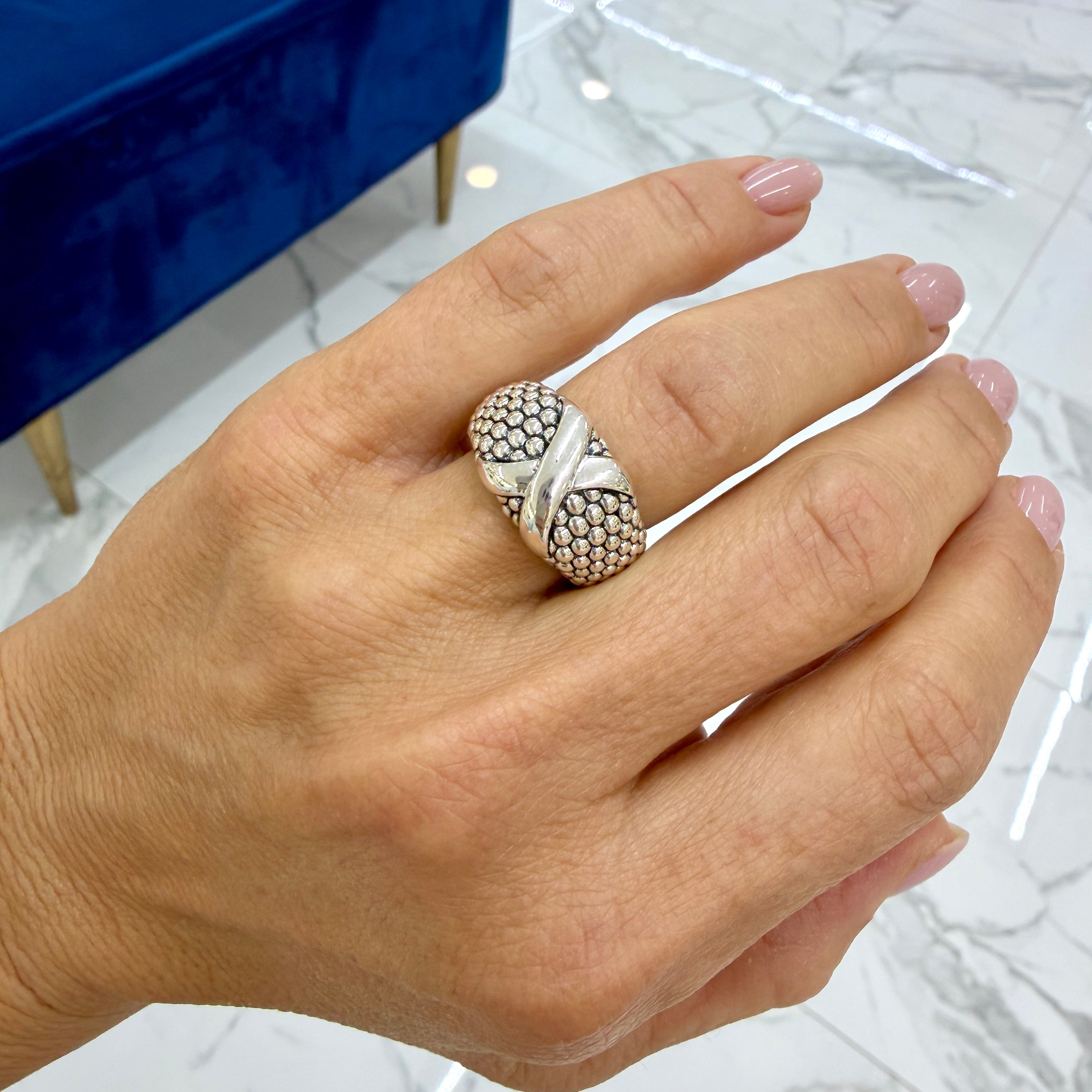 Ladies Lagos Caviar 925 Sterling Silver 14MM X Beaded Dome Band Ring