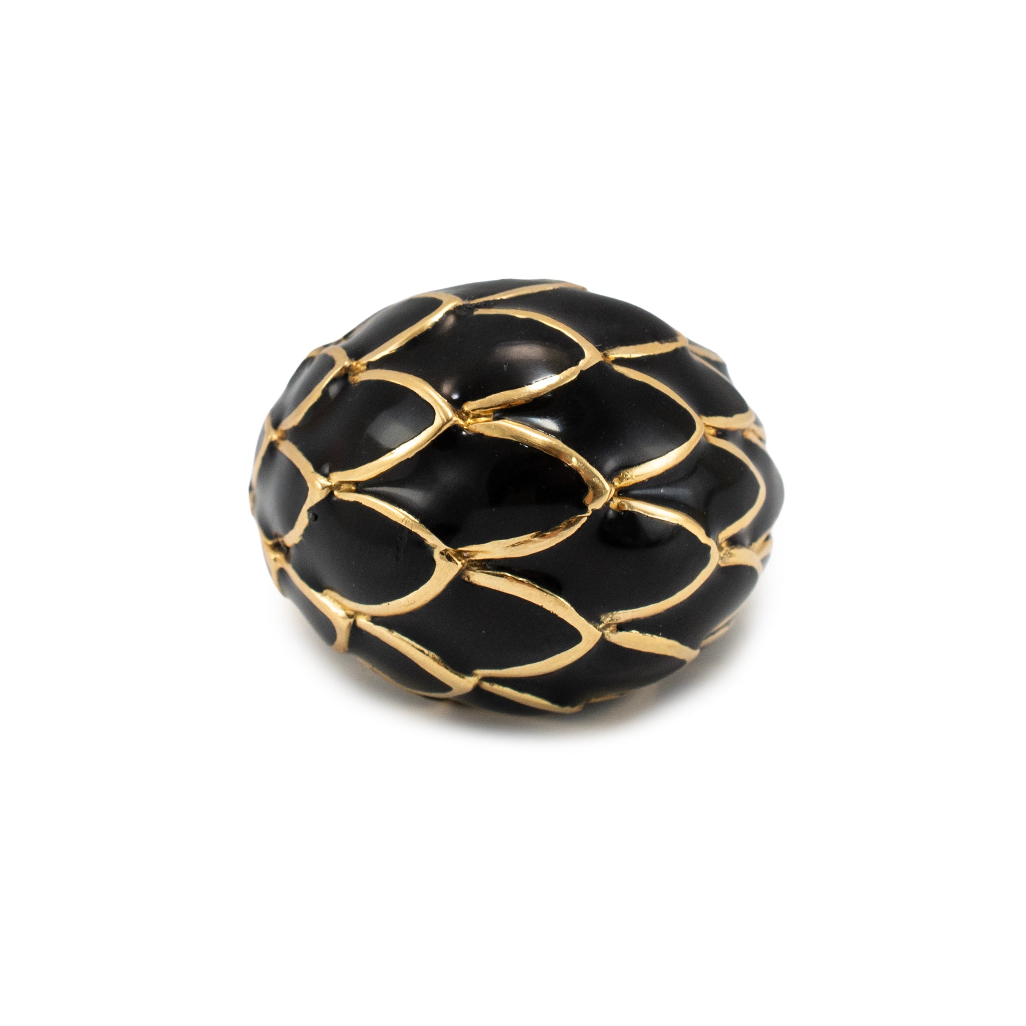 Vintage David Webb Leaf Motif 18K Yellow Gold Black Enamel Dome Cocktail Ring