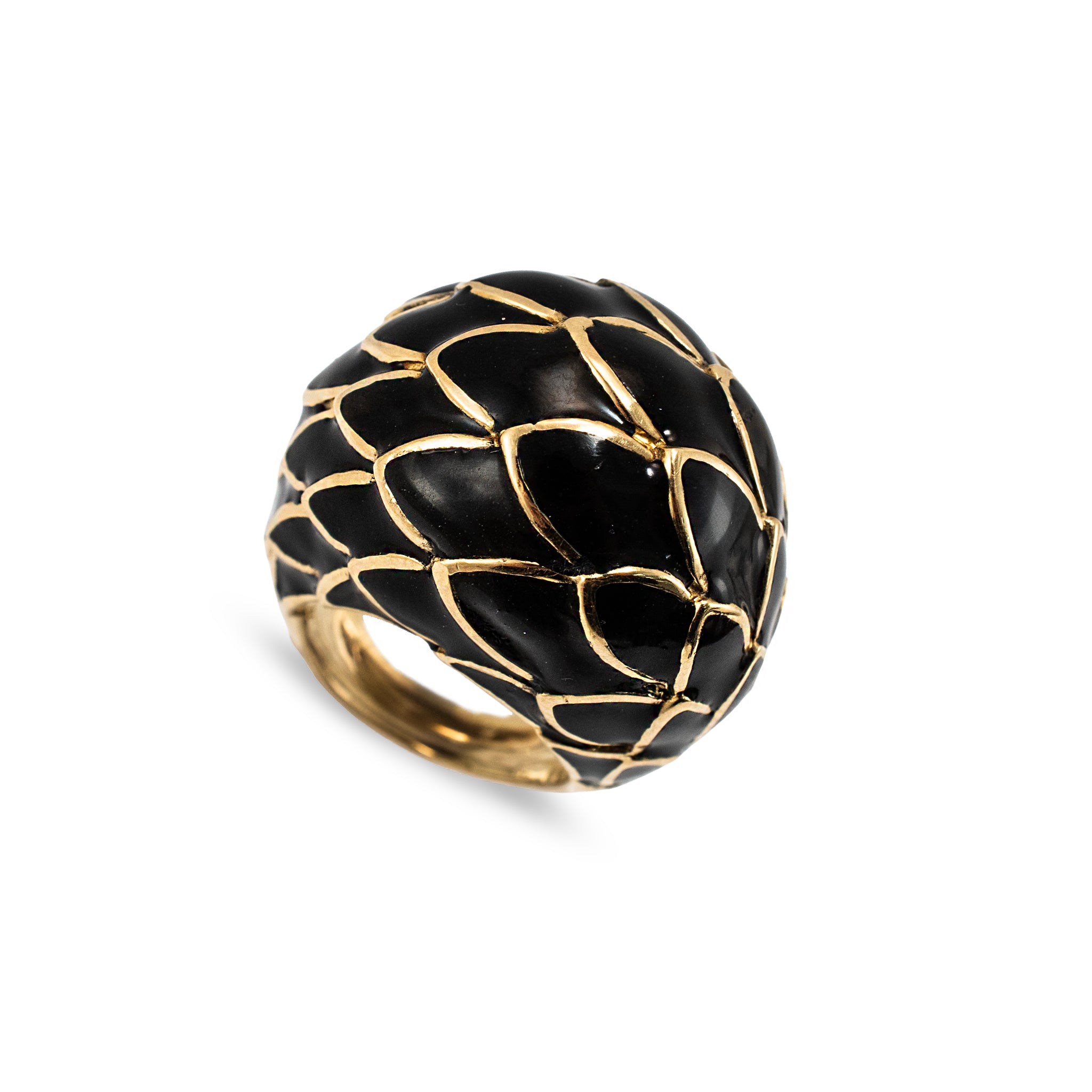Vintage David Webb Leaf Motif 18K Yellow Gold Black Enamel Dome Cocktail Ring