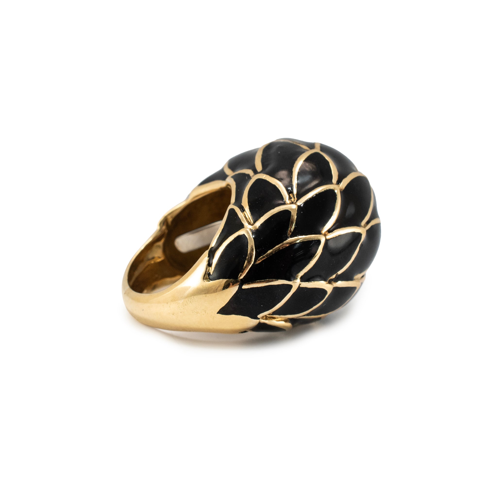 Vintage David Webb Leaf Motif 18K Yellow Gold Black Enamel Dome Cocktail Ring