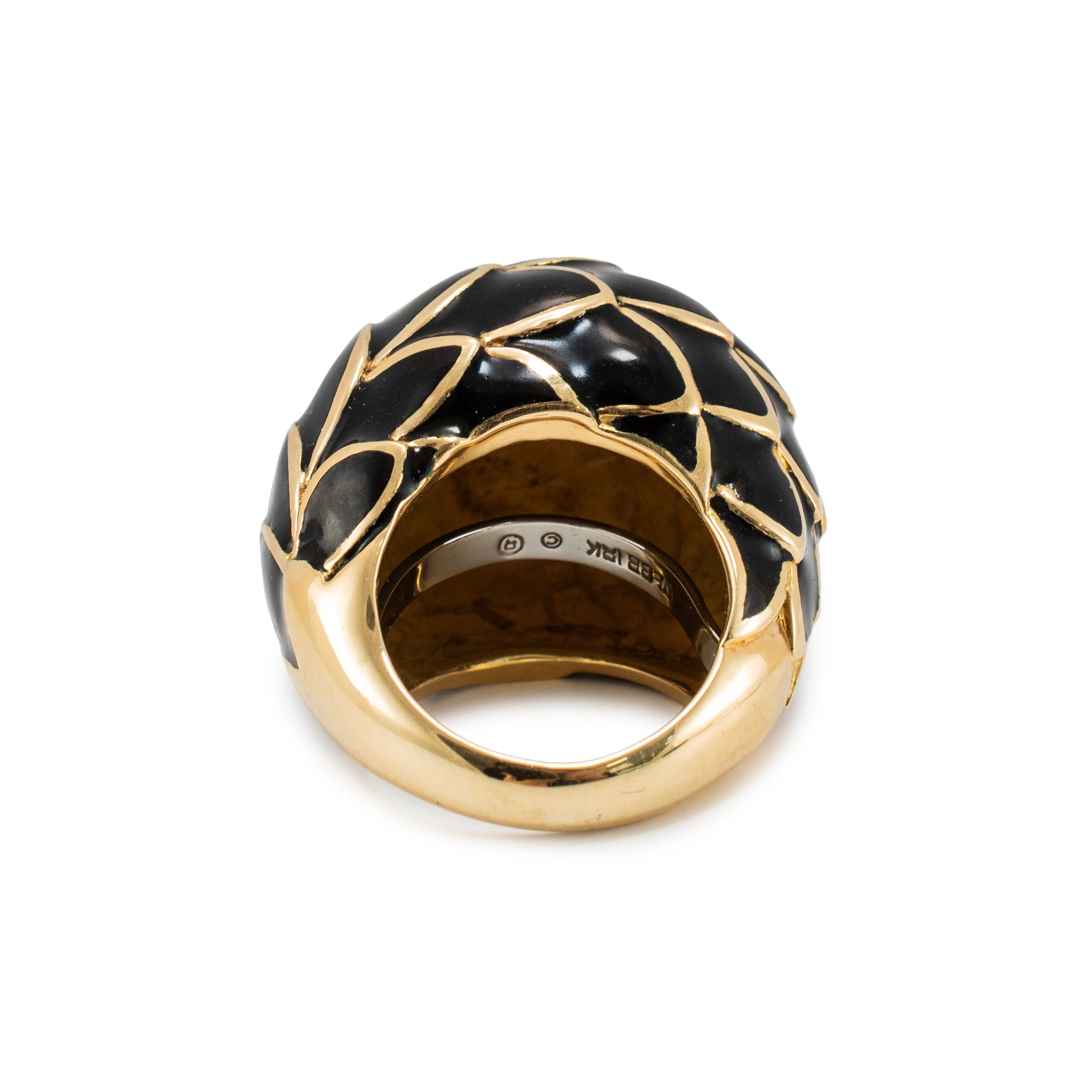 Vintage David Webb Leaf Motif 18K Yellow Gold Black Enamel Dome Cocktail Ring