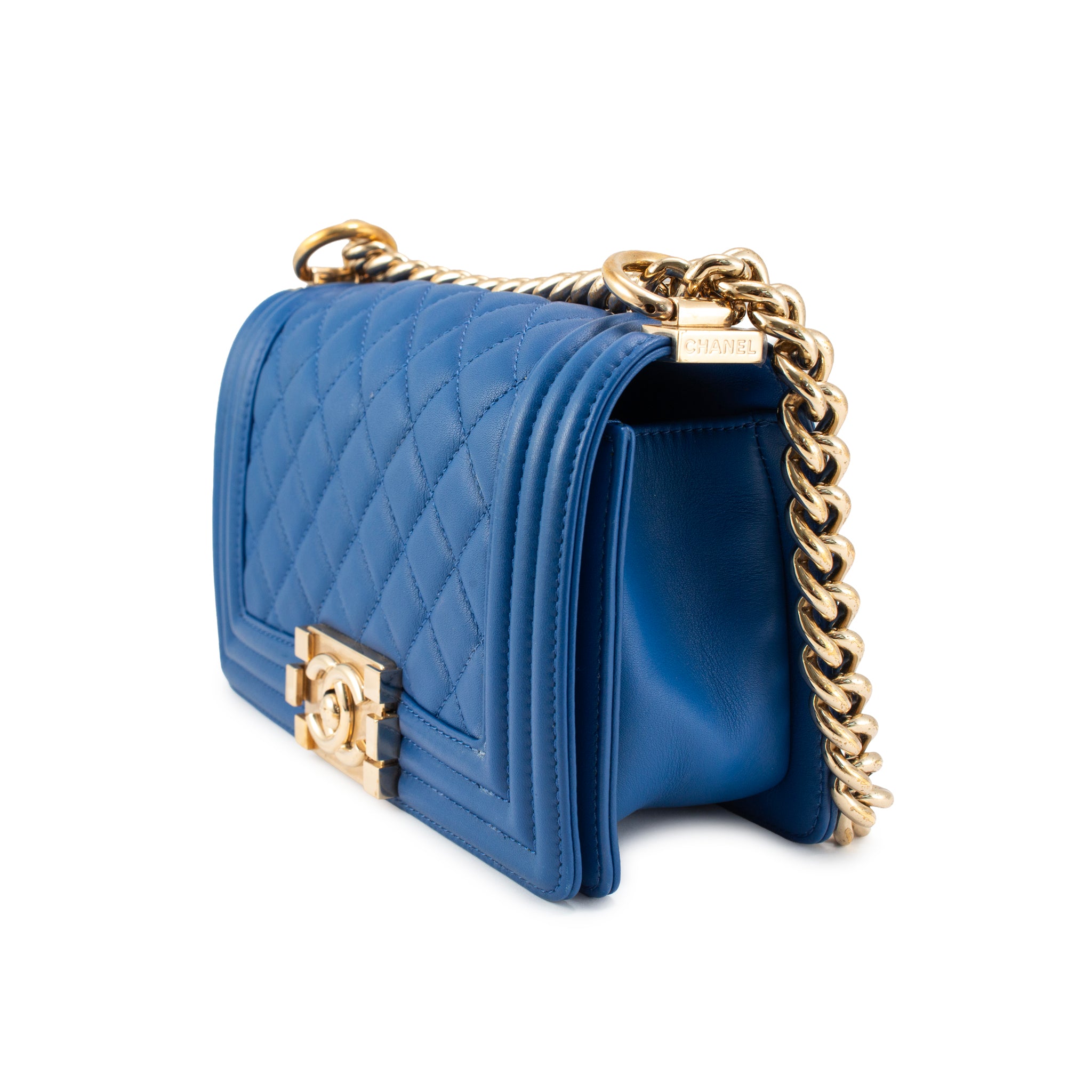 Chanel Small Boy Flap Blue Quilted Lambskin Gold Hardware Shoulder Bag