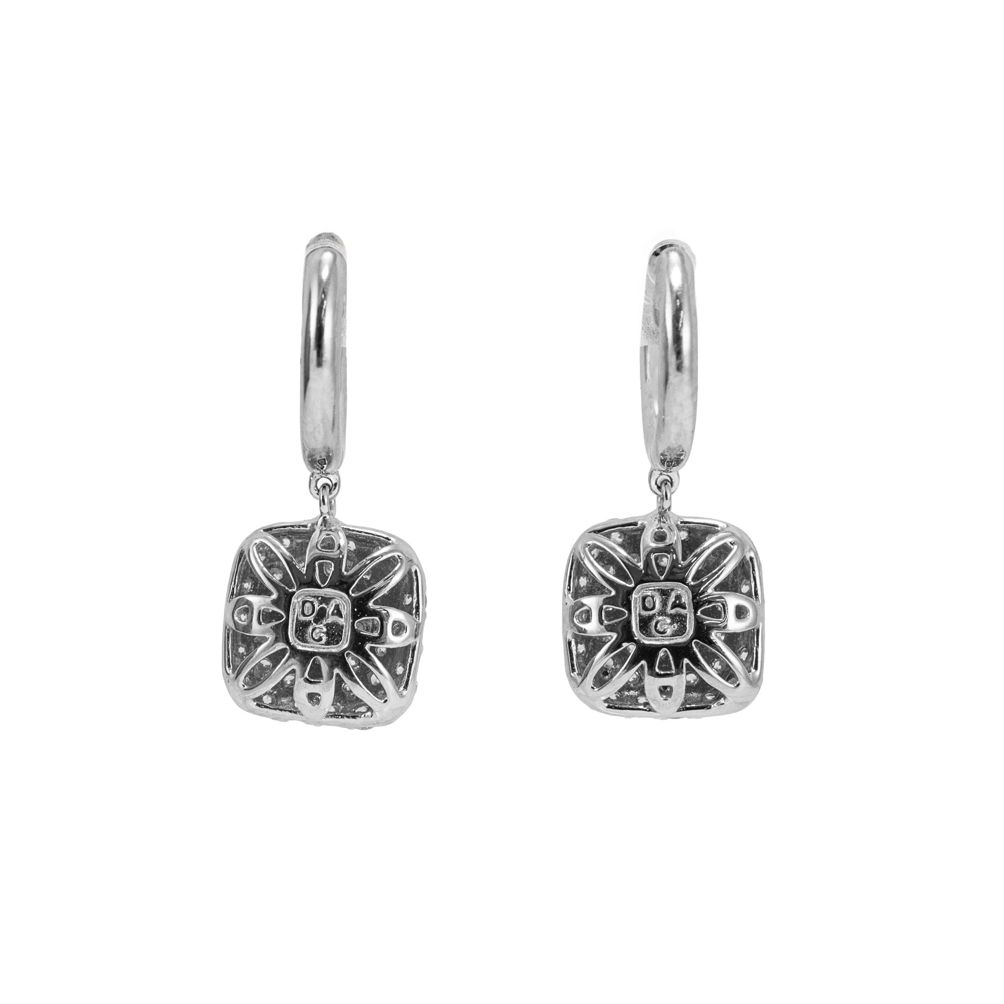Ladies 14K White Gold 1.11ctw Round Diamond Square Pave Cluster Dangle Earrings