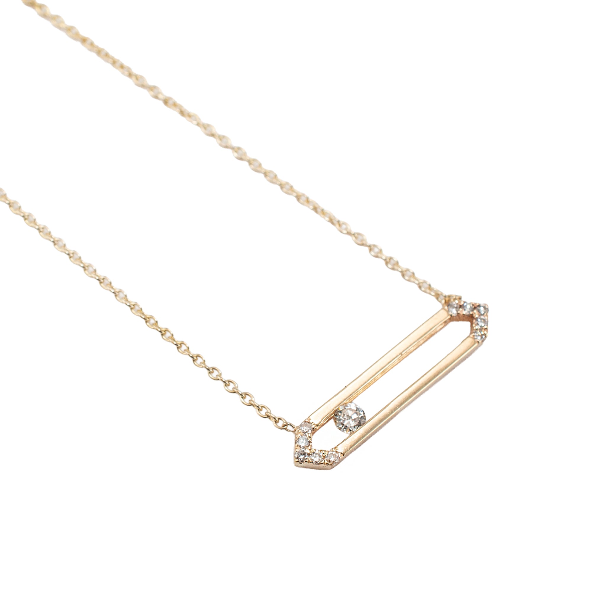 14K Yellow Gold 0.15ct Round Cut Diamond Floating Geometric Bar Pendant Necklace