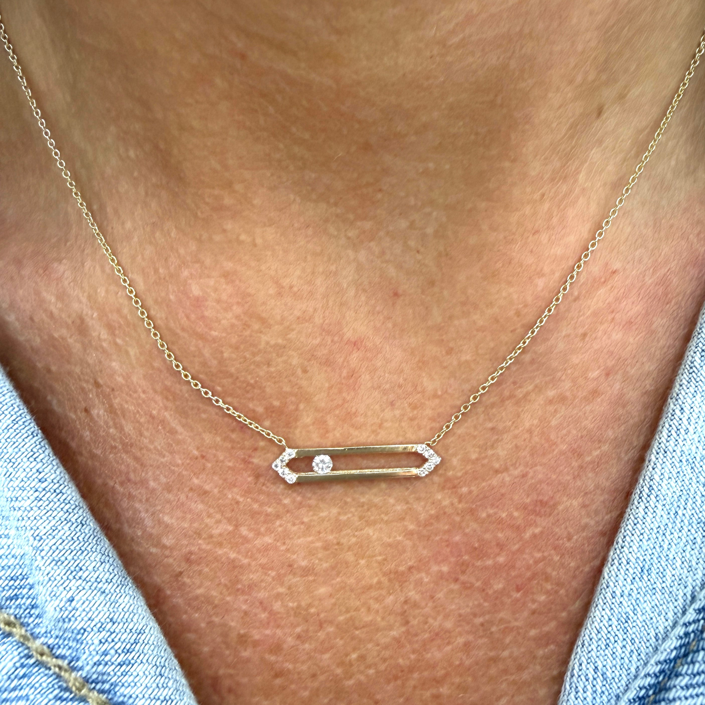 14K Yellow Gold 0.15ct Round Cut Diamond Floating Geometric Bar Pendant Necklace