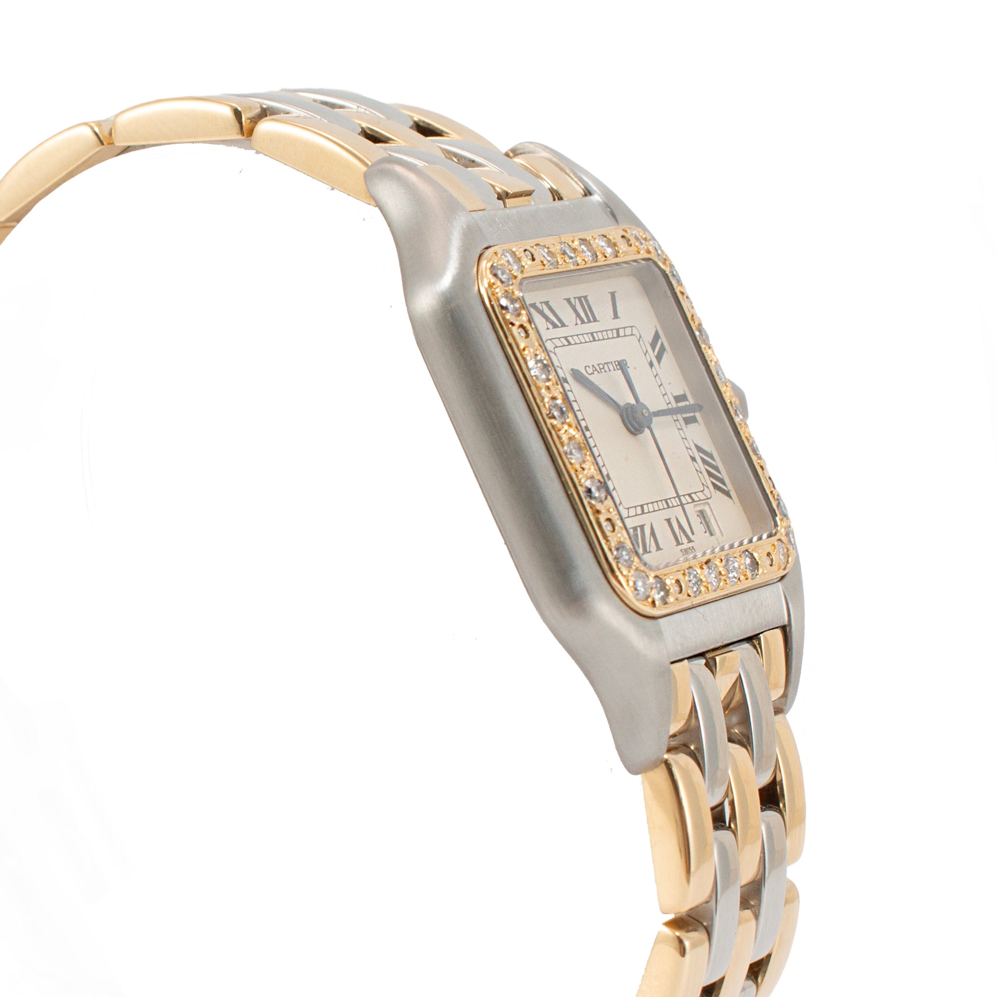 Ladies Cartier Panthere Three Row 27MM 187949 Diamond Bezel Gold Steel Watch