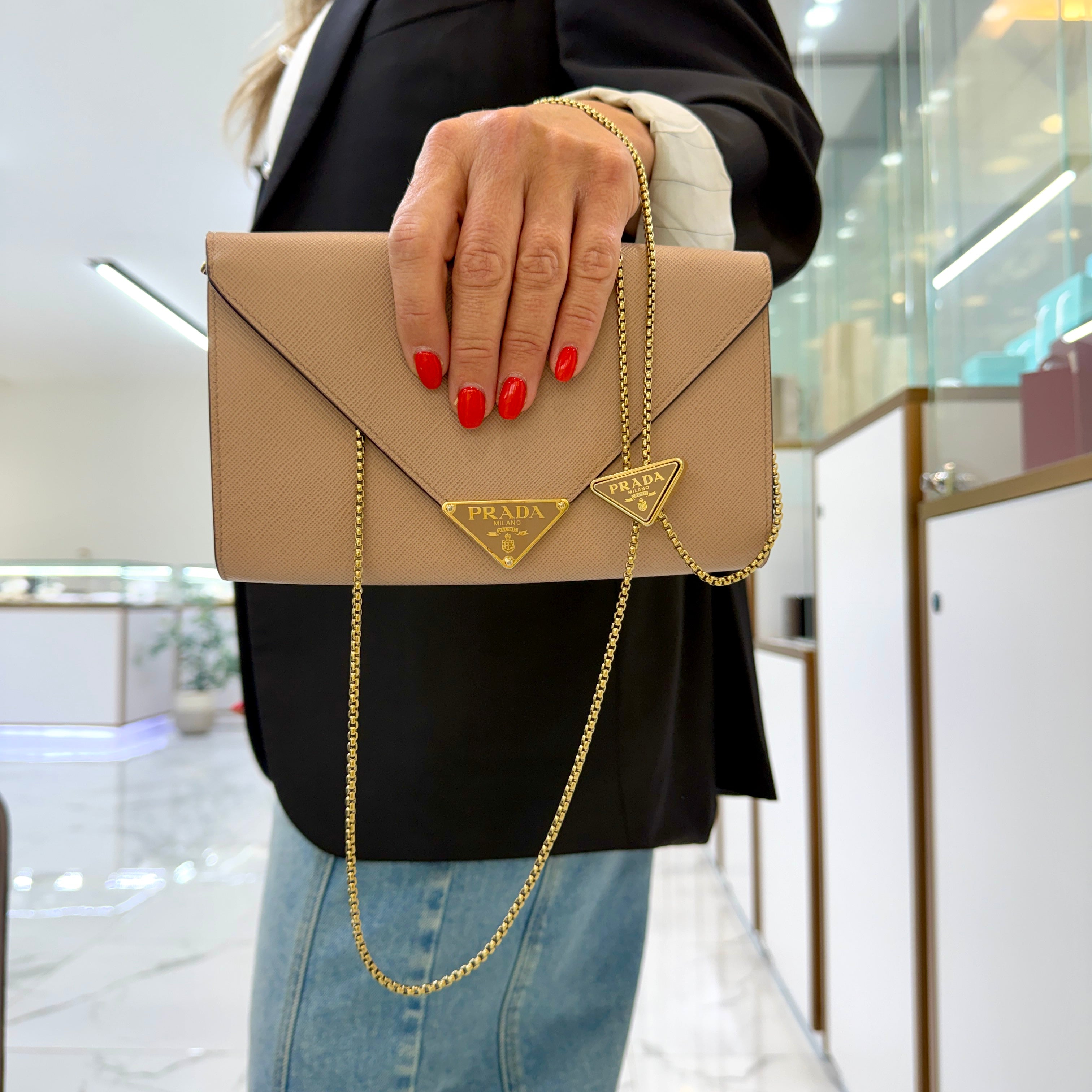 Prada Saffiano Leather Beige Color Gold Hardware Mini Wallet Bag