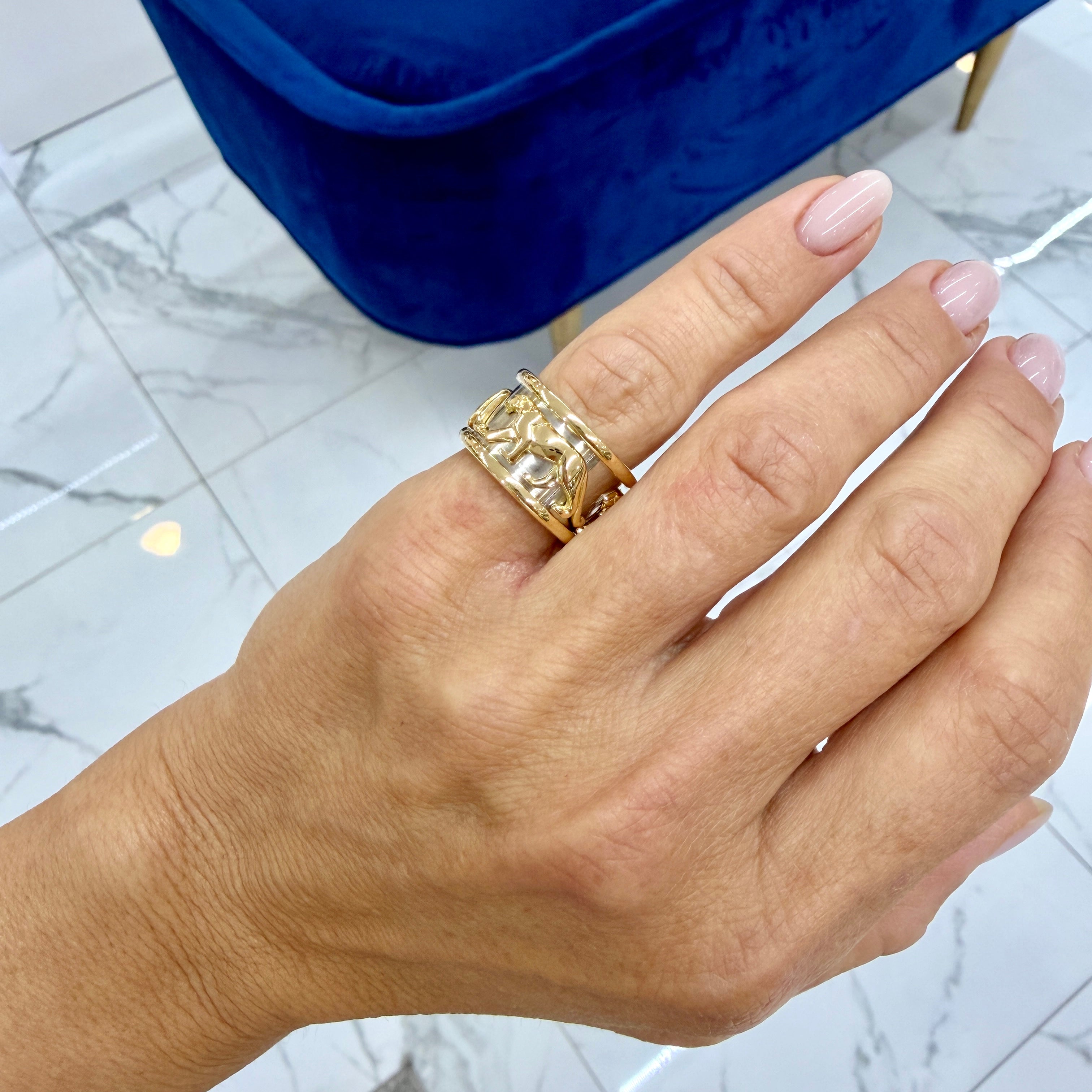 Vintage Cartier Iconic Mahango Walking Panther 18K Yellow & White Gold Band Ring