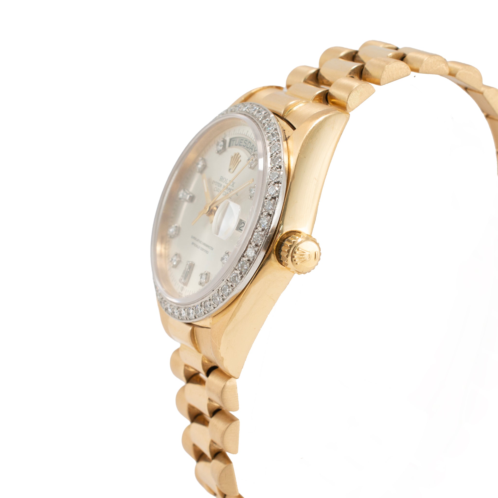Rolex Day-Date 36MM 18048 President 18K Gold Diamond Bezel Silver Dial Watch