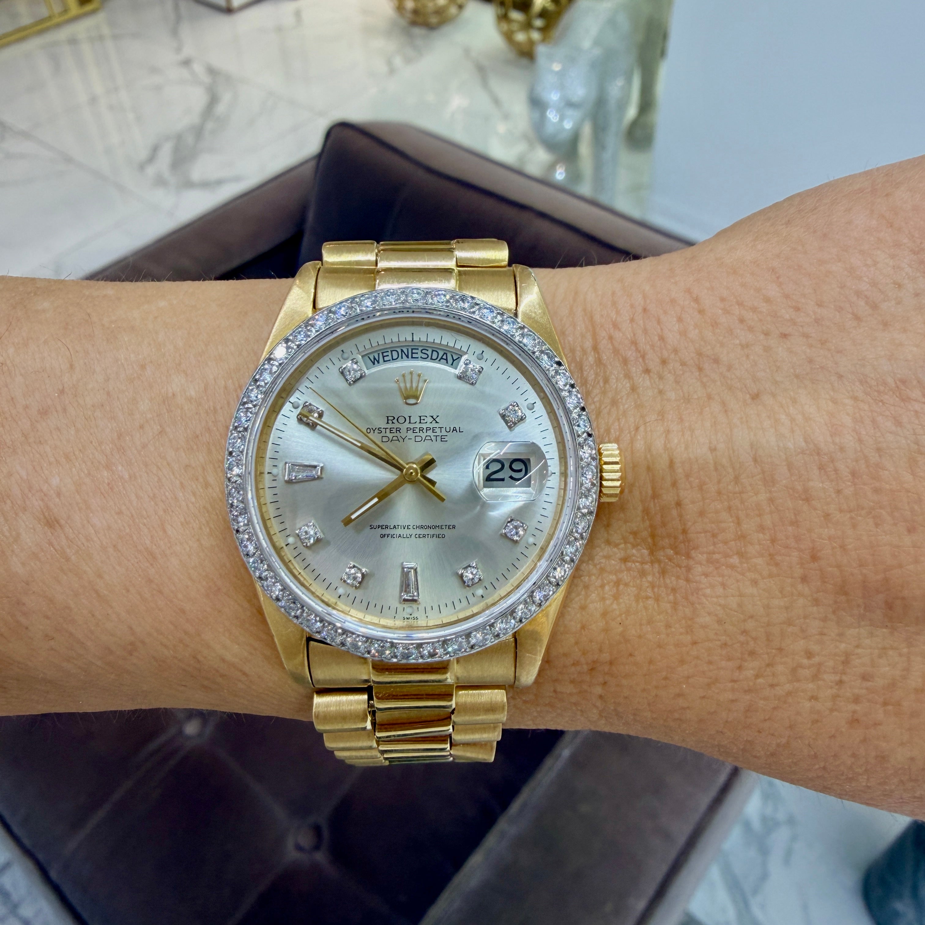 Rolex Day-Date 36MM 18048 President 18K Gold Diamond Bezel Silver Dial Watch