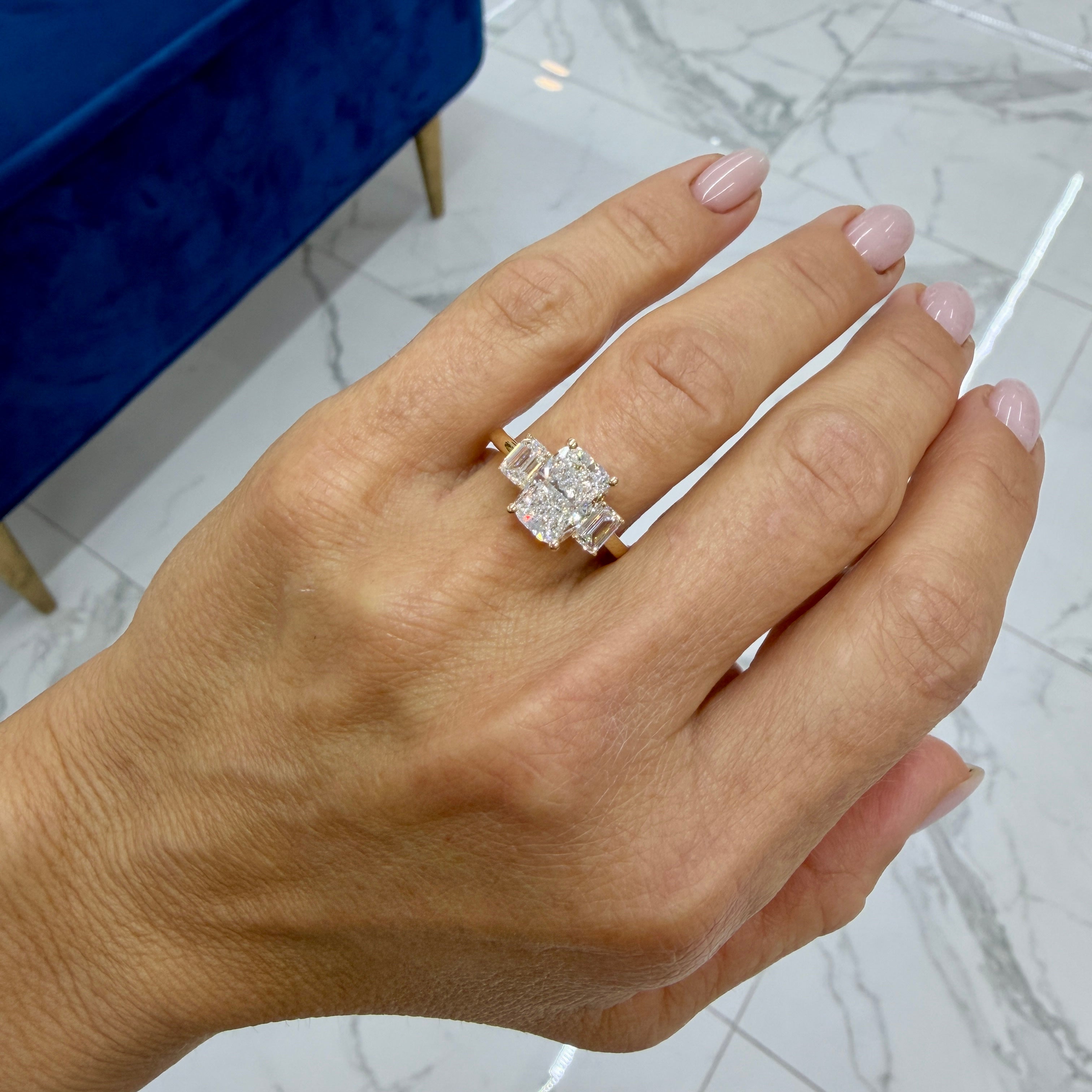 18K Yellow Gold 3.59ctw Cushion Cut Lab Grown Diamond Tree-Stone Engagement Ring