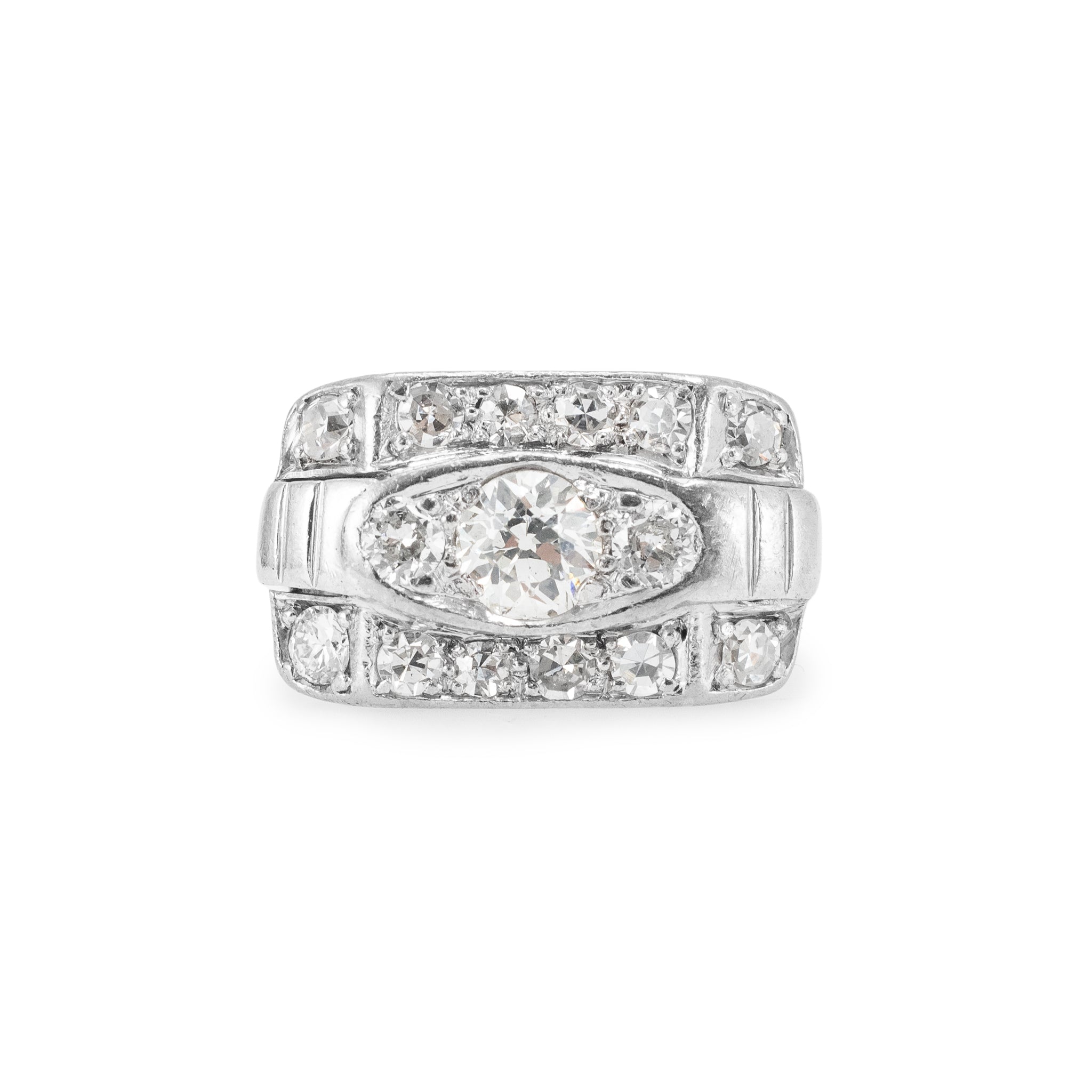 Antique 14K White Gold 1.57ctw Old Euro Cut Diamond Three Stone Engagement Ring