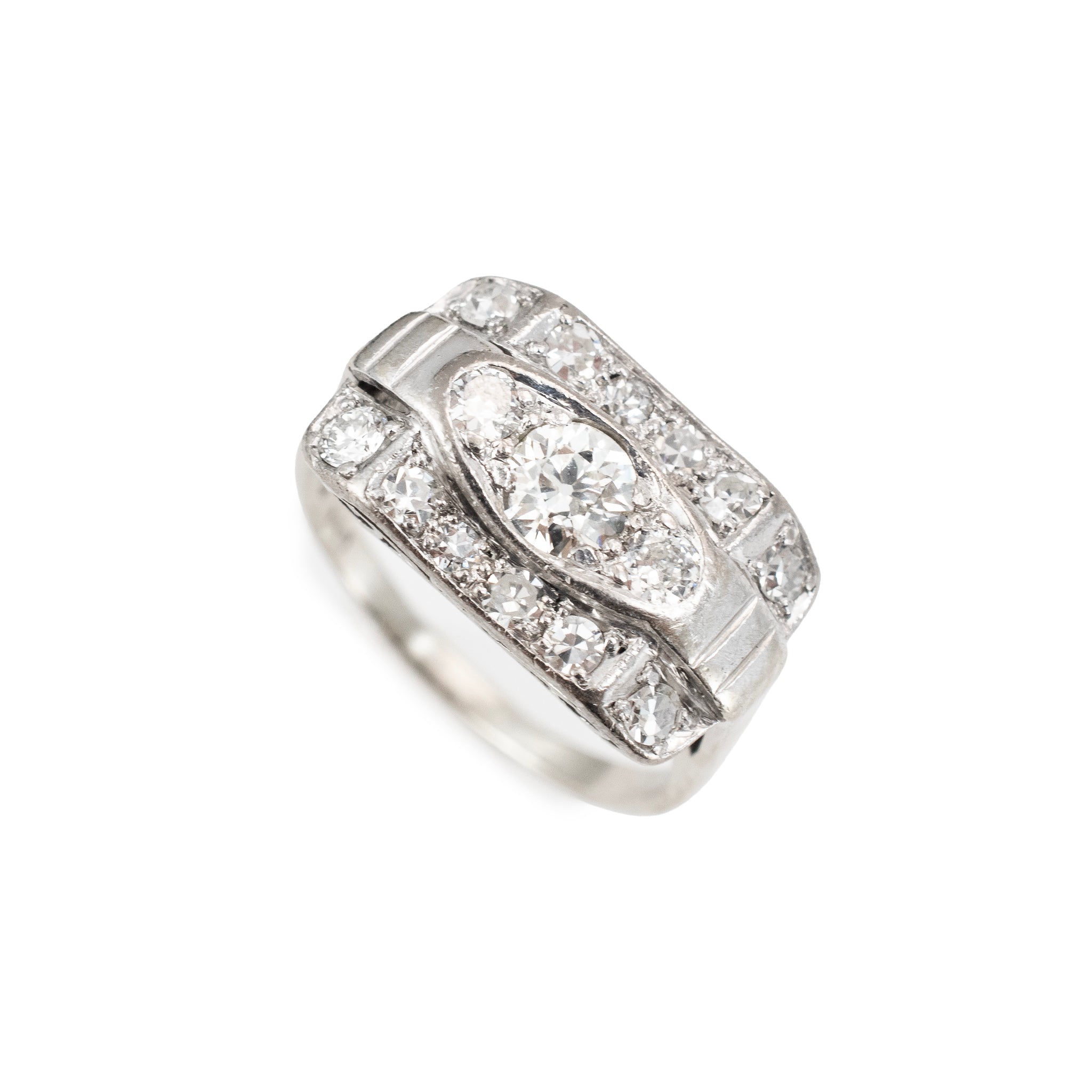 Antique 14K White Gold 1.57ctw Old Euro Cut Diamond Three Stone Engagement Ring