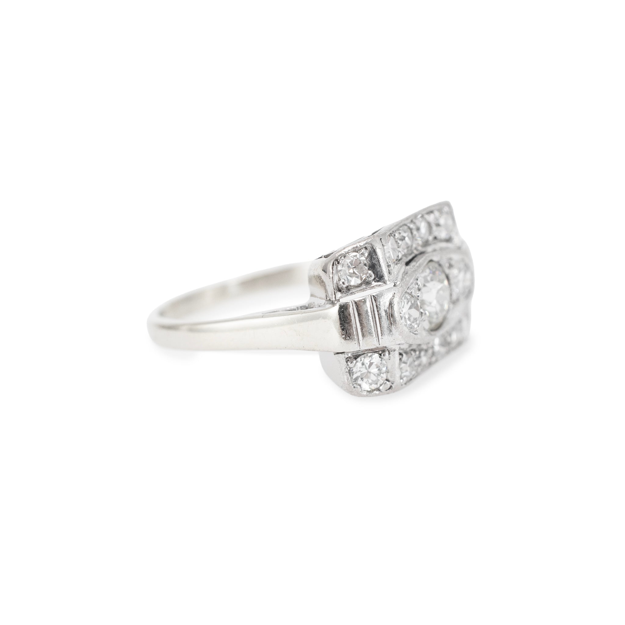 Antique 14K White Gold 1.57ctw Old Euro Cut Diamond Three Stone Engagement Ring