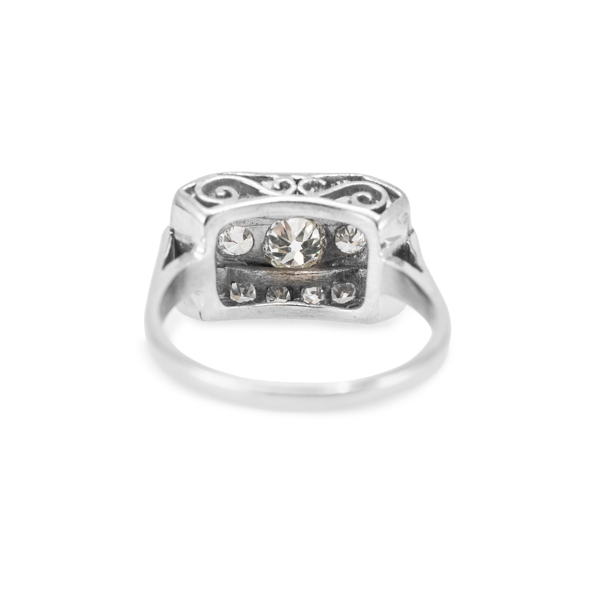 Antique 14K White Gold 1.57ctw Old Euro Cut Diamond Three Stone Engagement Ring