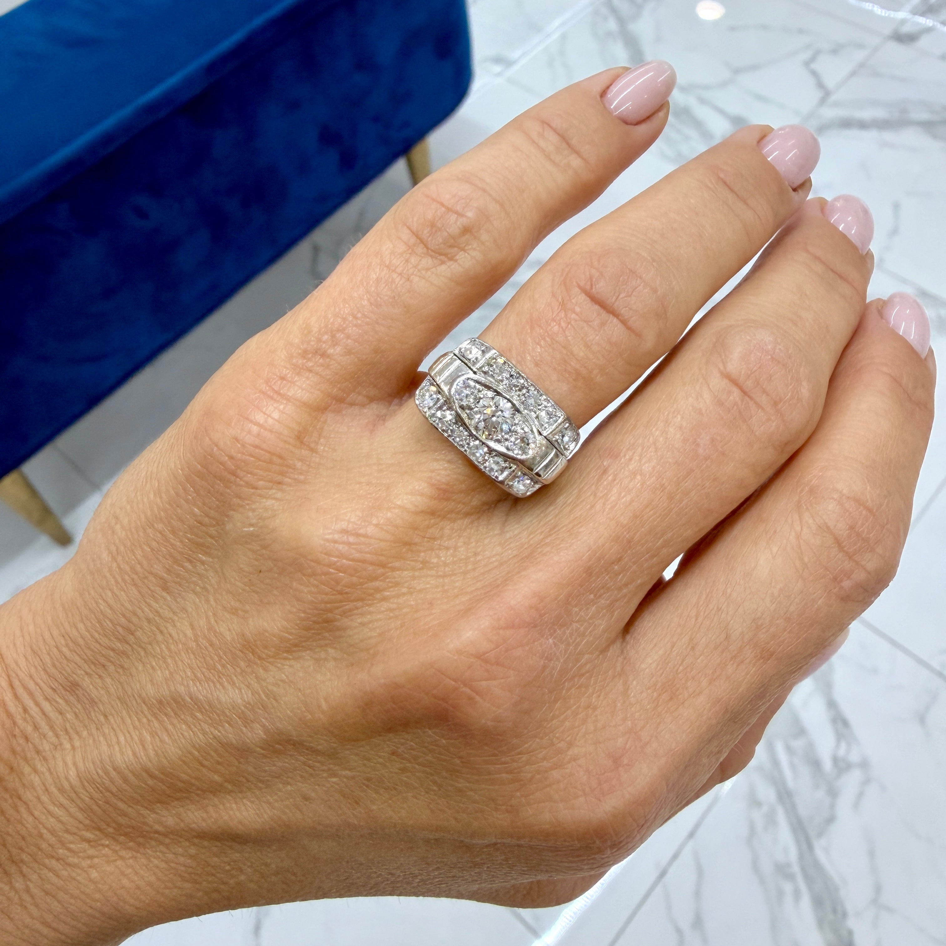 Antique 14K White Gold 1.57ctw Old Euro Cut Diamond Three Stone Engagement Ring