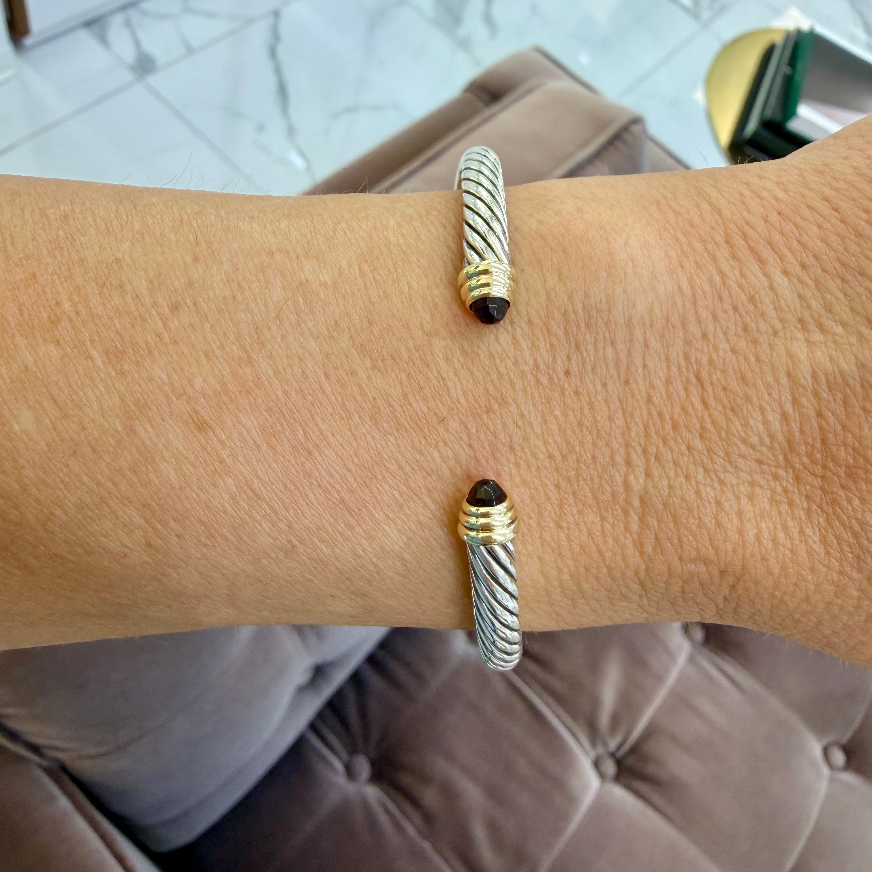 David Yurman Classic Cable 14K Gold 925 Silver 5MM Garnets Cuff Bangle Bracelet