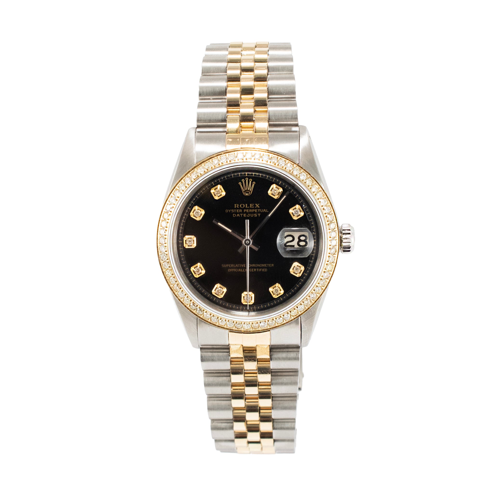Rolex Datejust 36MM 1603 Black Dial Diamond Bezel Jubilee Gold Steel Watch
