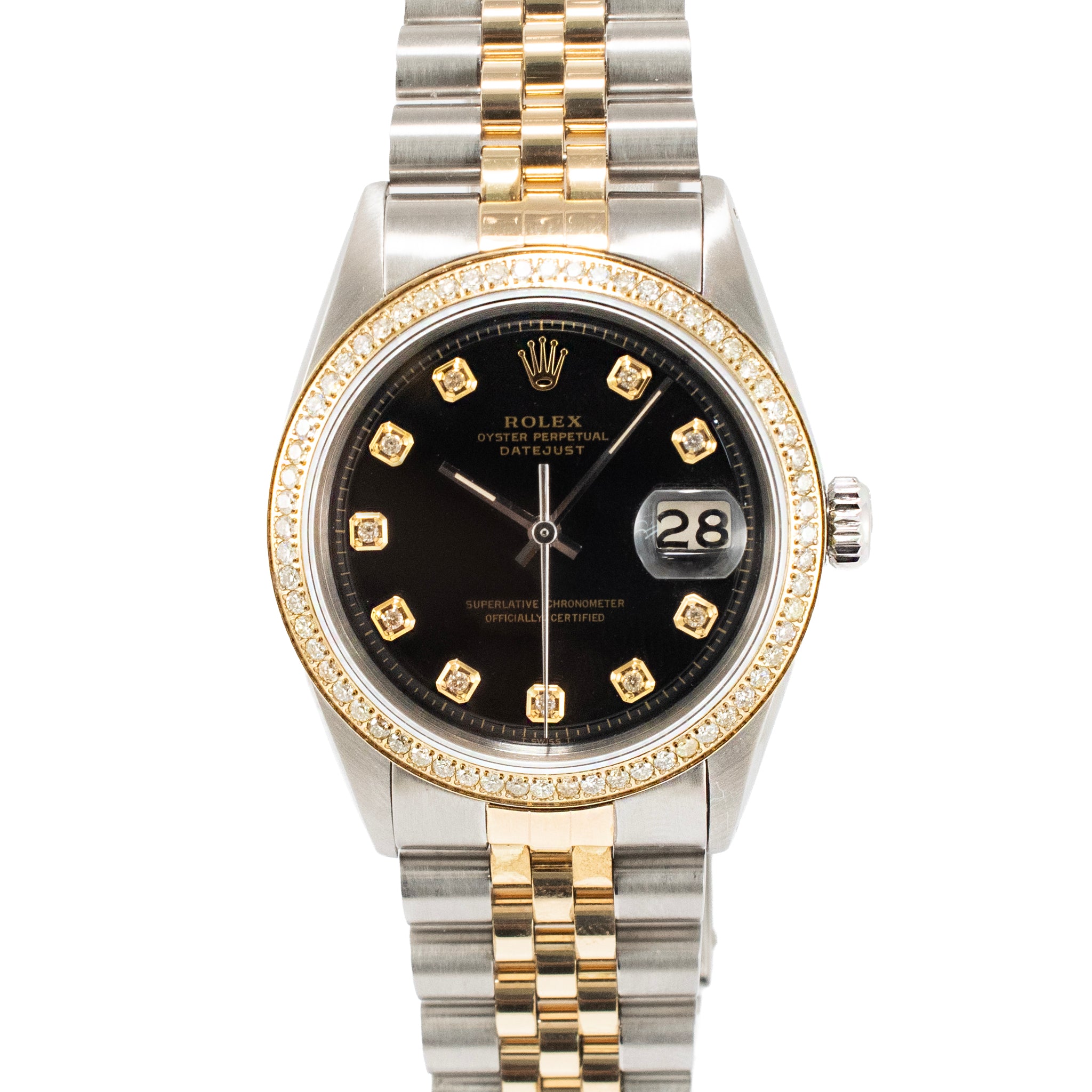 Rolex Datejust 36MM 1603 Black Dial Diamond Bezel Jubilee Gold Steel Watch