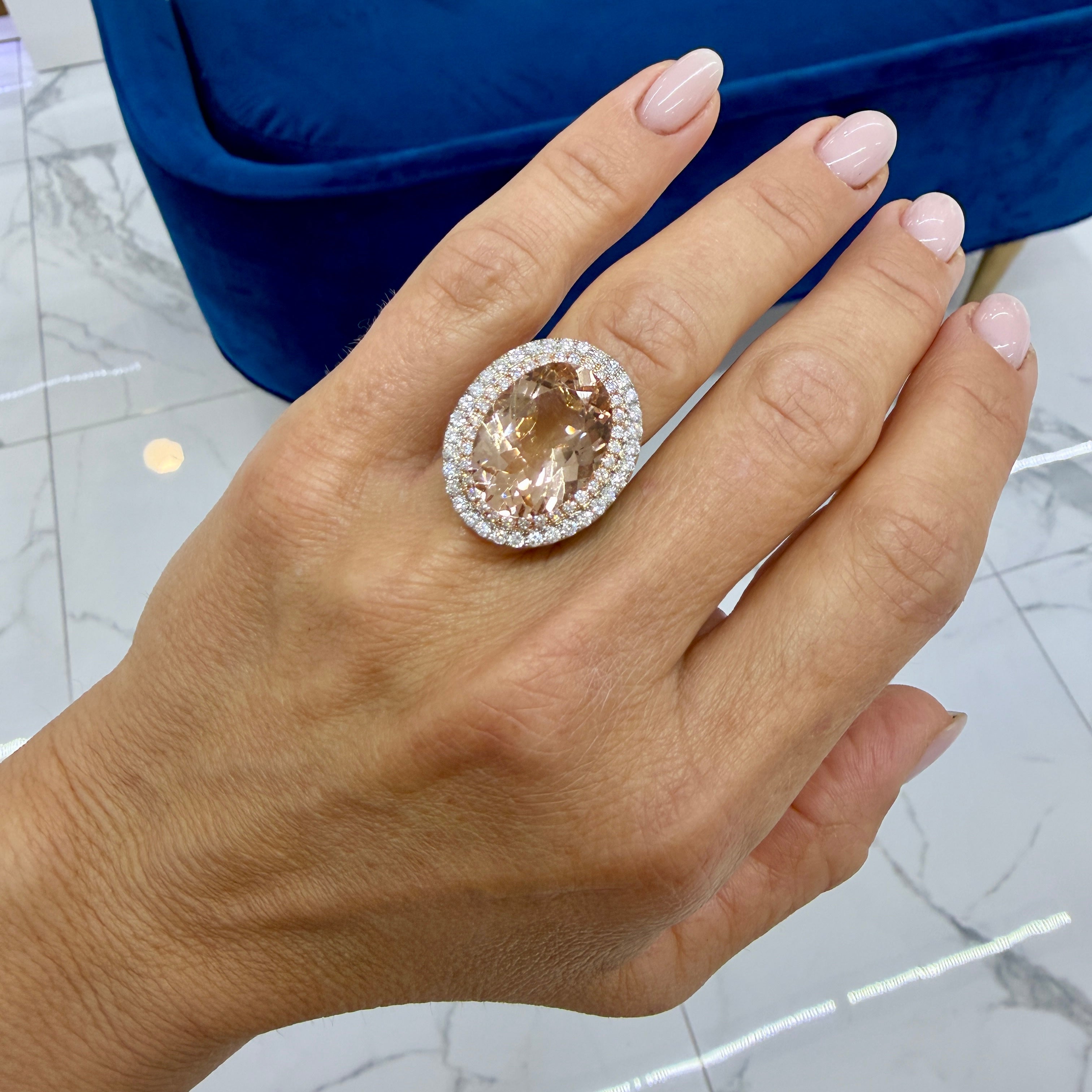 Ladies 14K White & Rose Gold 11.35ctw Oval Morganite Halo Diamond Cocktail Ring