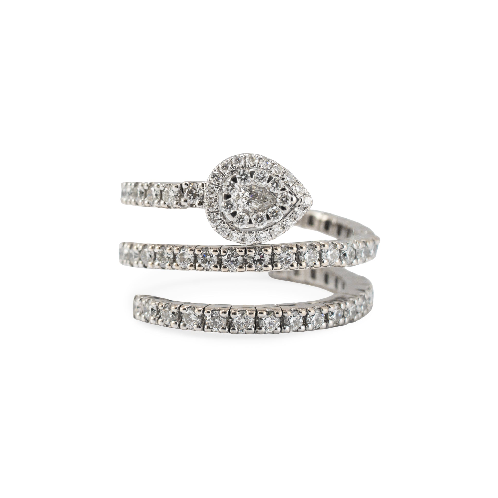 18K White Gold 1.07ct Diamond Spiral Wrap Pear Halo Flexible Band Ring