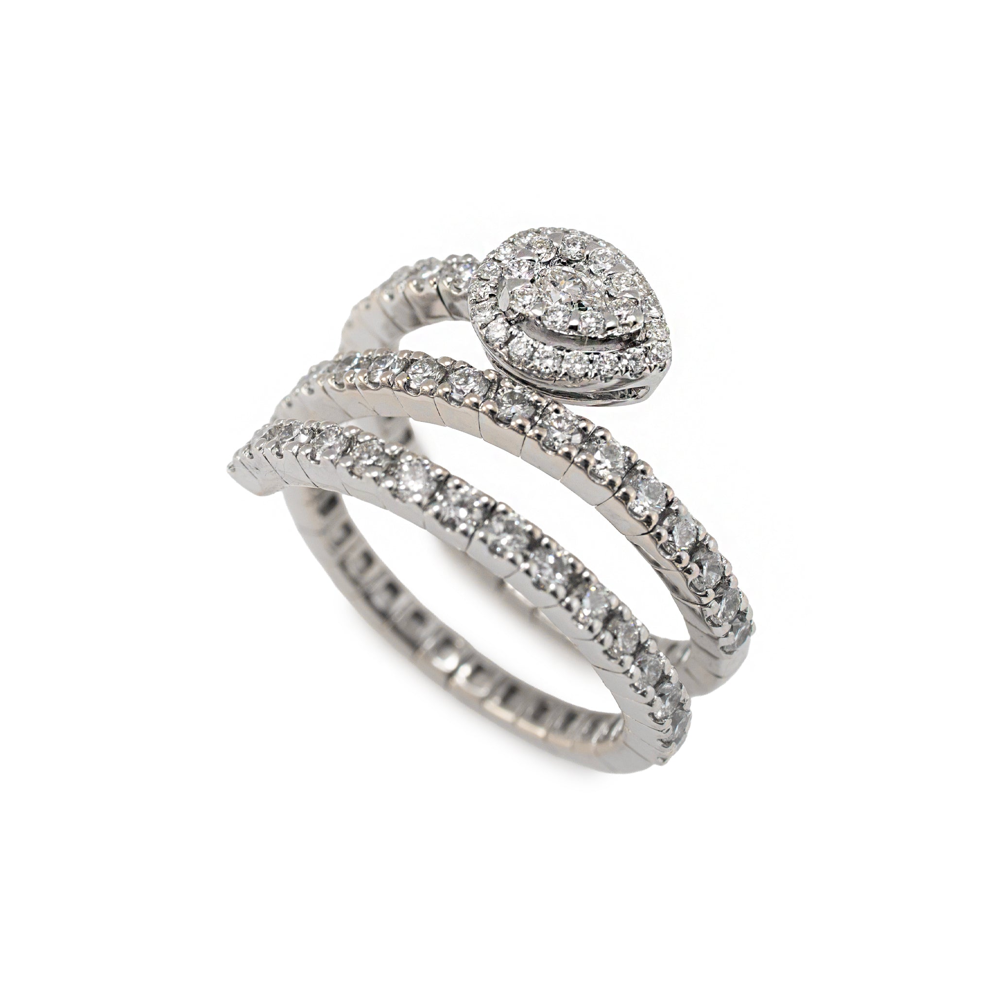 18K White Gold 1.07ct Diamond Spiral Wrap Pear Halo Flexible Band Ring