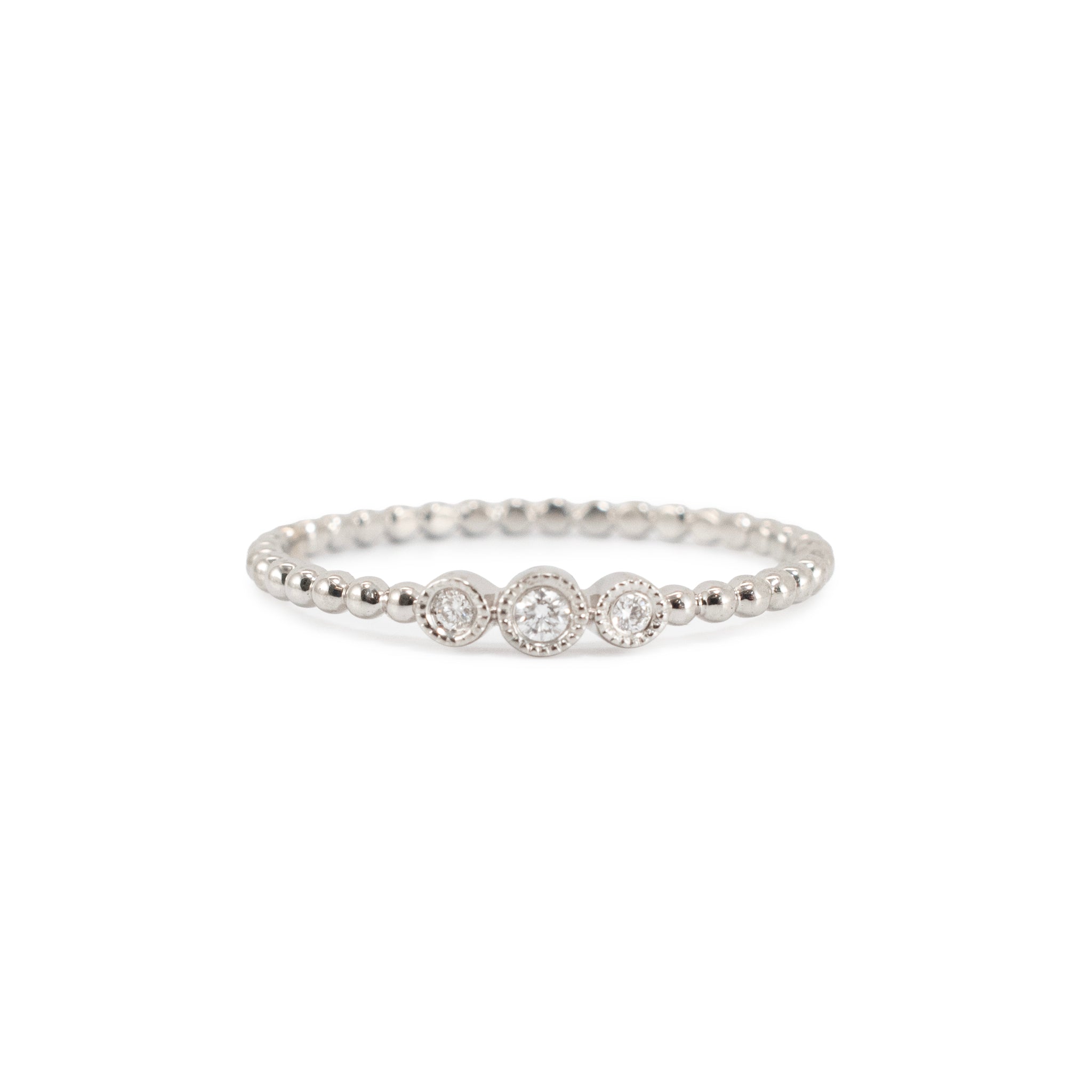 14K White Gold 0.03ctw Diamond Bezel Milgrain Beaded Band Ring