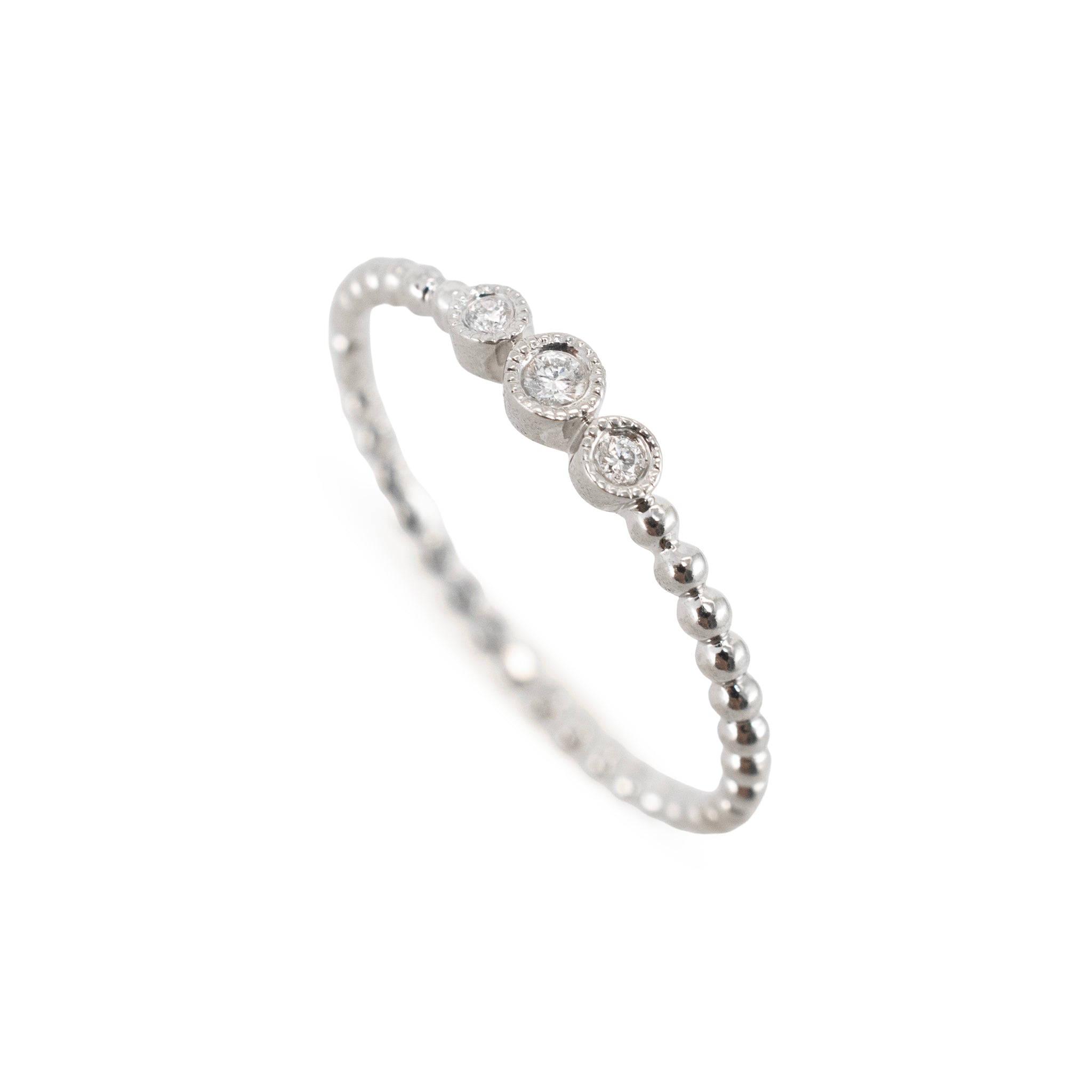 14K White Gold 0.03ctw Diamond Bezel Milgrain Beaded Band Ring