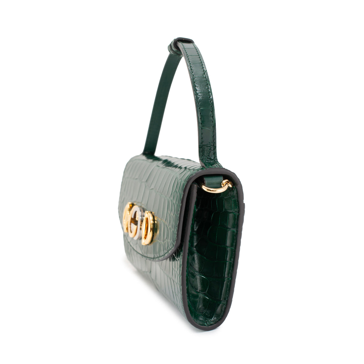 Gucci Zumi Green Crocodile Mini Chain Gold Hardware Flap Shoulder Bag