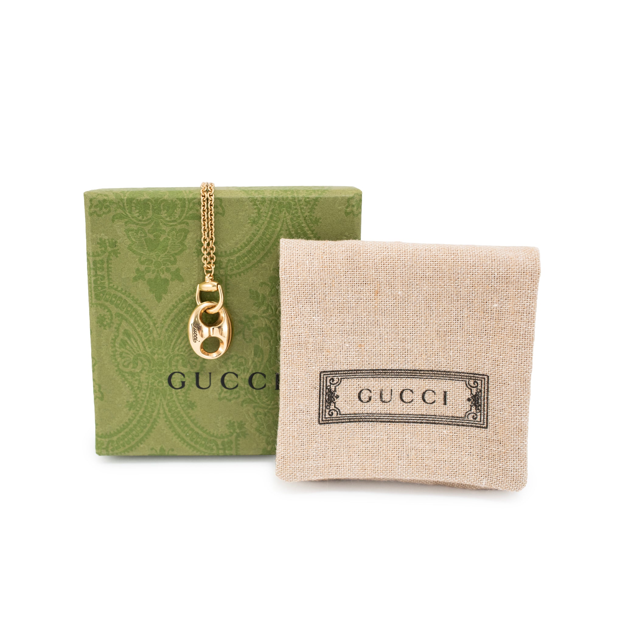 Gucci Horsebit Marina 18K Yellow Gold Cable Chain Gucci Link Pendant Necklace