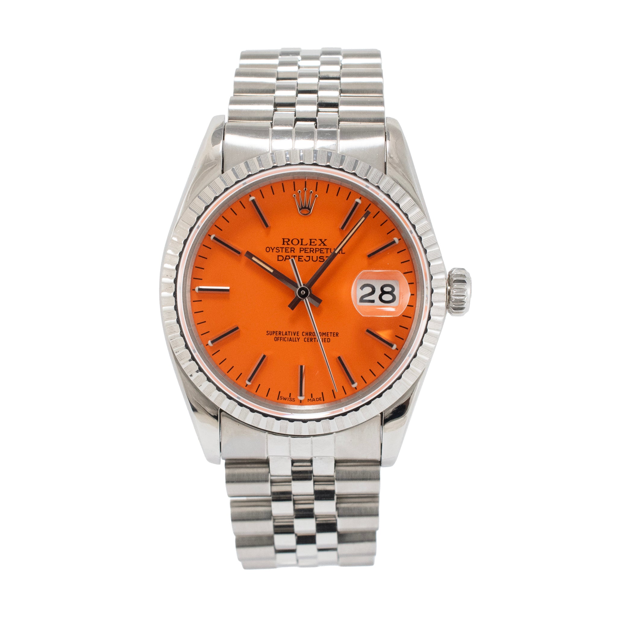 Rolex Datejust 36MM 16030 Fluted Jubilee Orange Dial Stainless Steel Watch