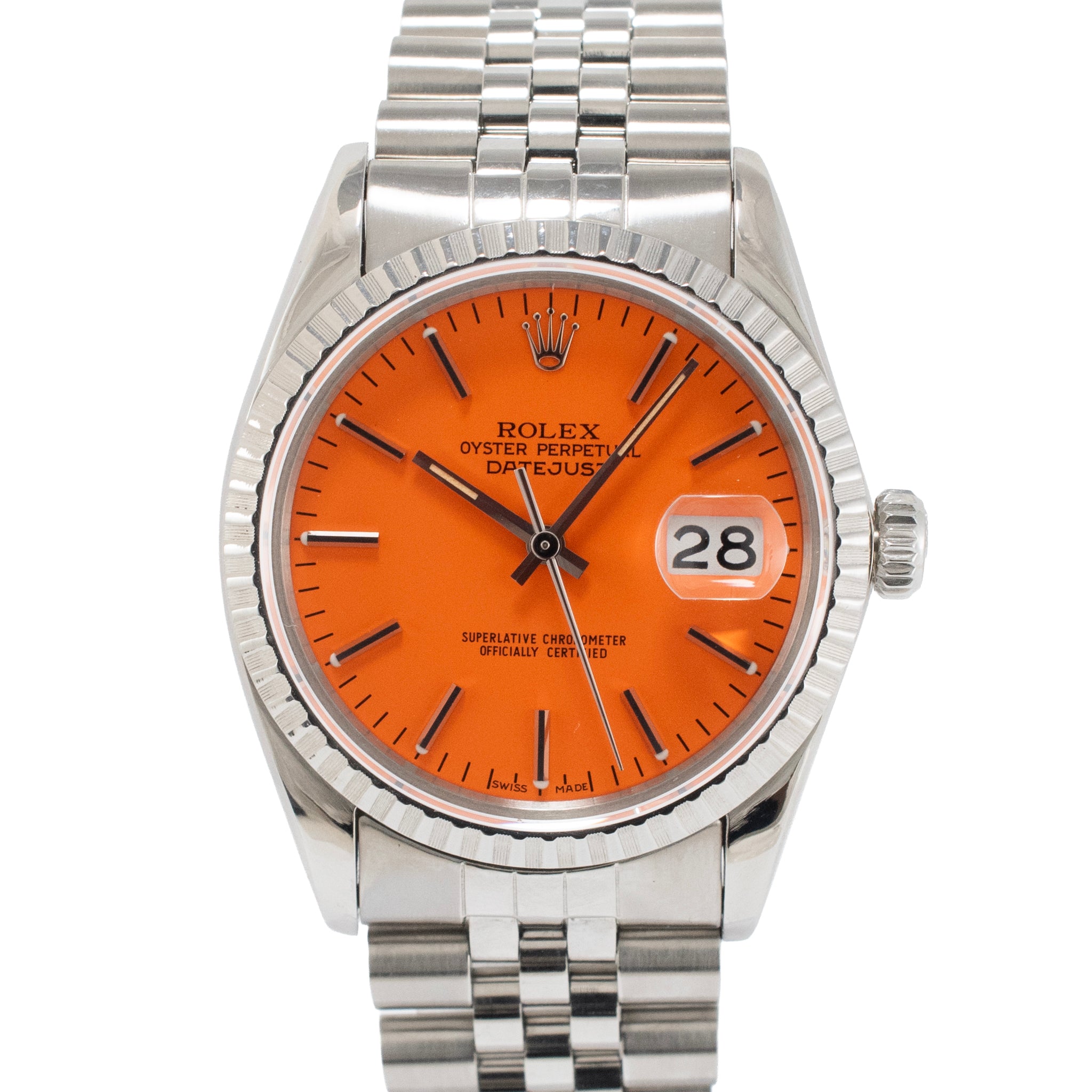 Rolex Datejust 36MM 16030 Fluted Jubilee Orange Dial Stainless Steel Watch