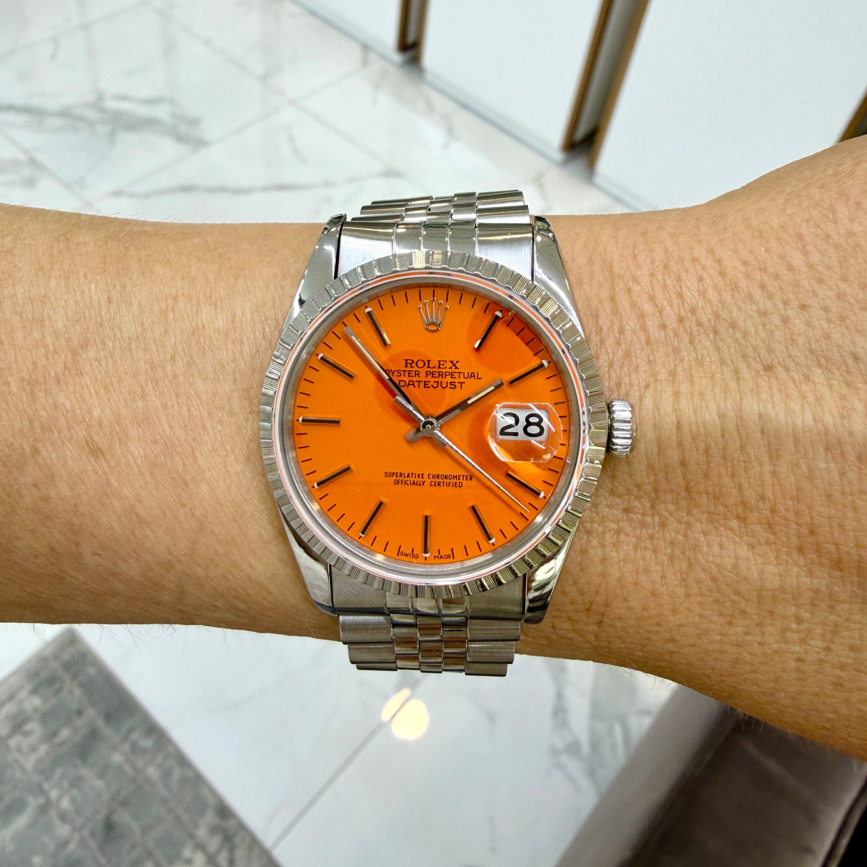Rolex Datejust 36MM 16030 Fluted Jubilee Orange Dial Stainless Steel Watch