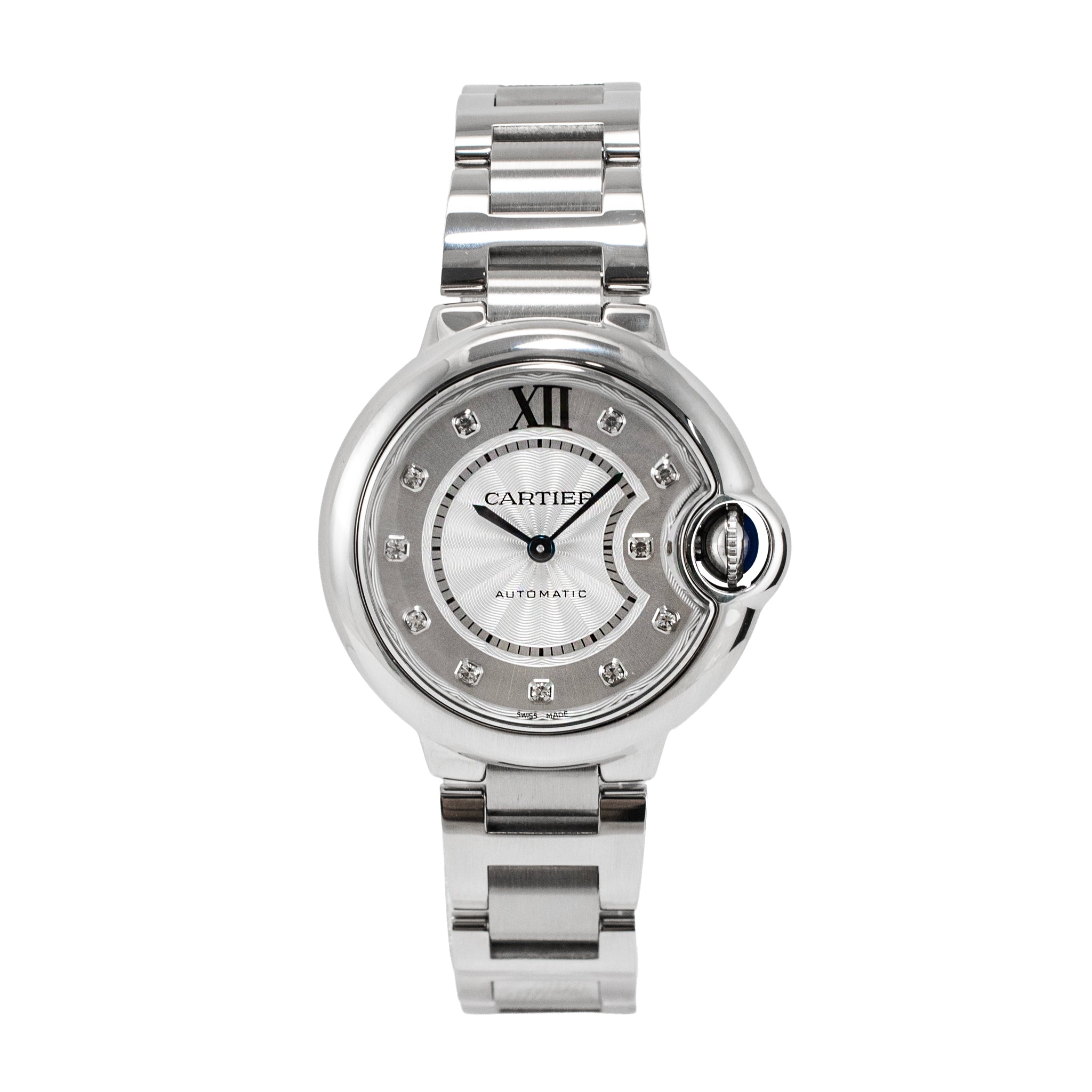 Ladies Cartier Ballon Bleu 33MM 3489 Silver Diamond Dial Steel Automatic Watch