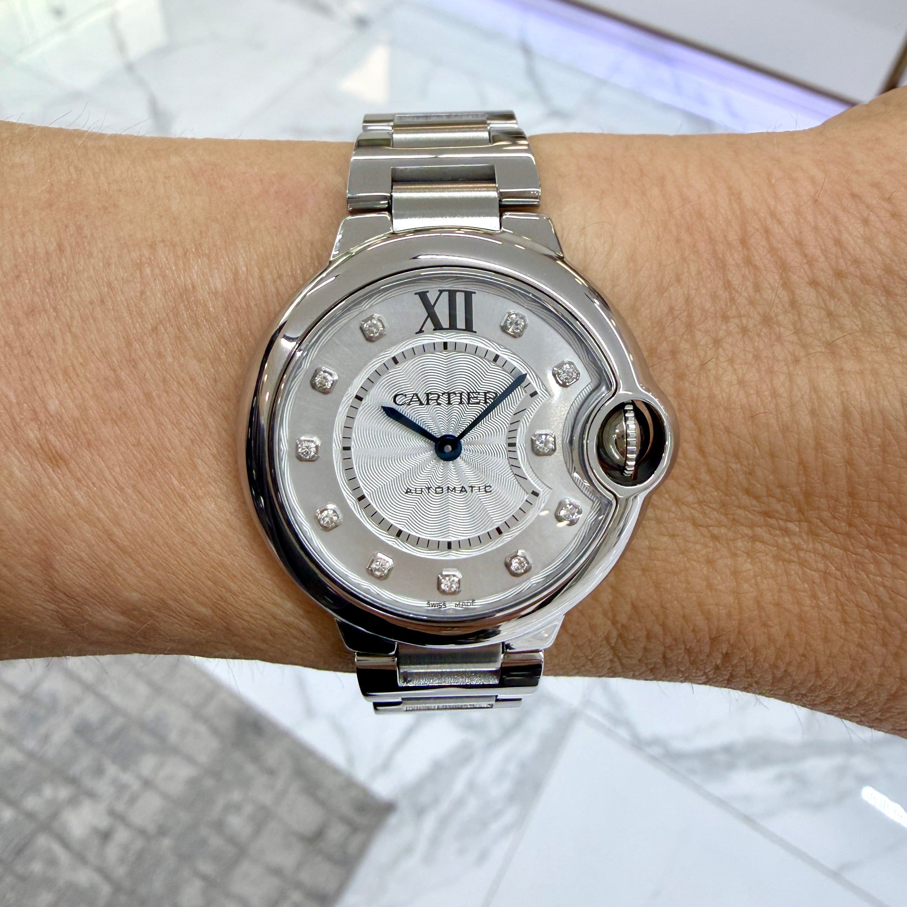 Ladies Cartier Ballon Bleu 33MM 3489 Silver Diamond Dial Steel Automatic Watch