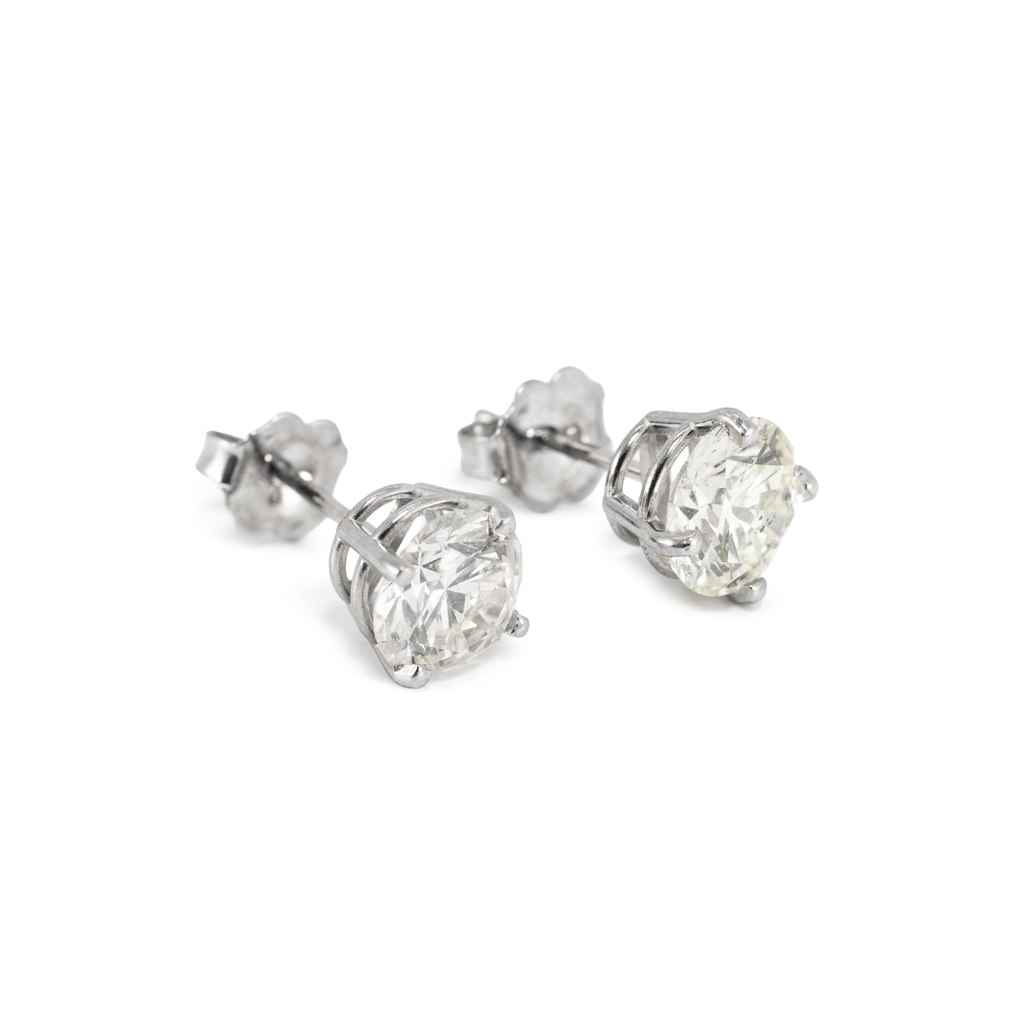 Unisex 14K White Gold 2.14ctw Round Cut Diamond 4 Prong Push Back Stud Earrings
