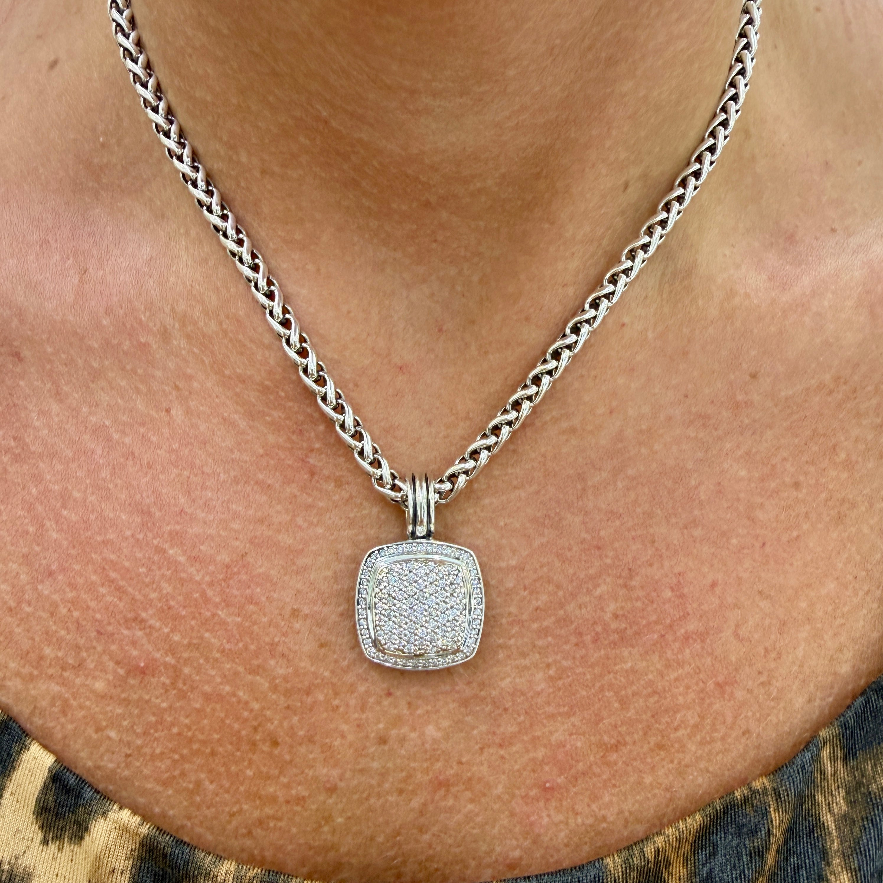 David Yurman Albion 925 Sterling Silver 1.07ctw Diamond Wheat Pendant Necklace