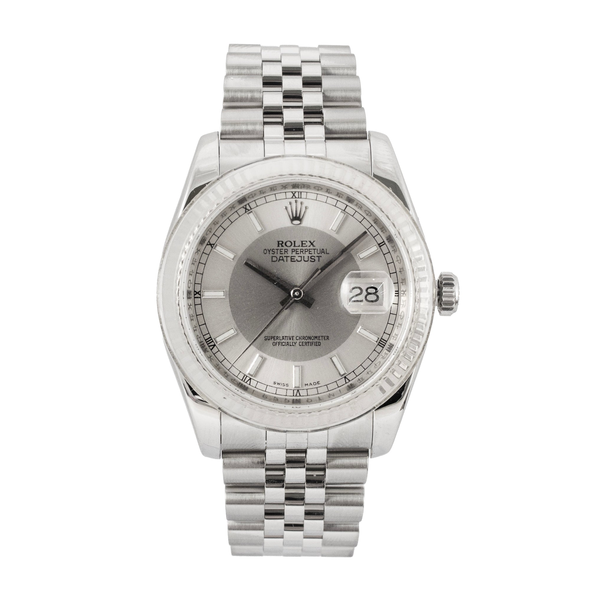 Rolex Datejust 36MM 116234 Tuxedo Dial Jubilee 18K White Gold Fluted Steel Watch