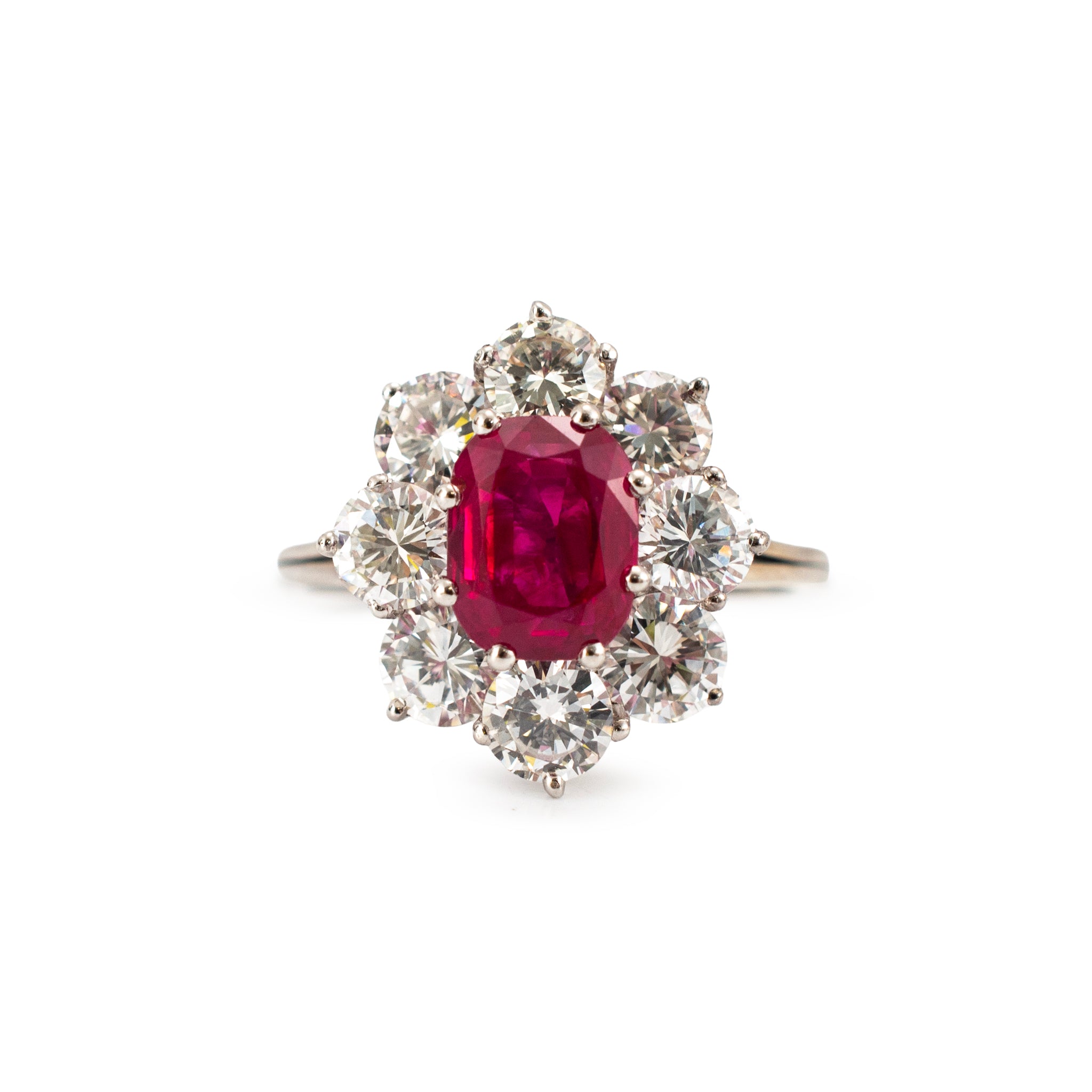 Vintage 18K White Gold Gia 3.93ctw Burma Ruby Halo Diamond Floral Cocktail Ring
