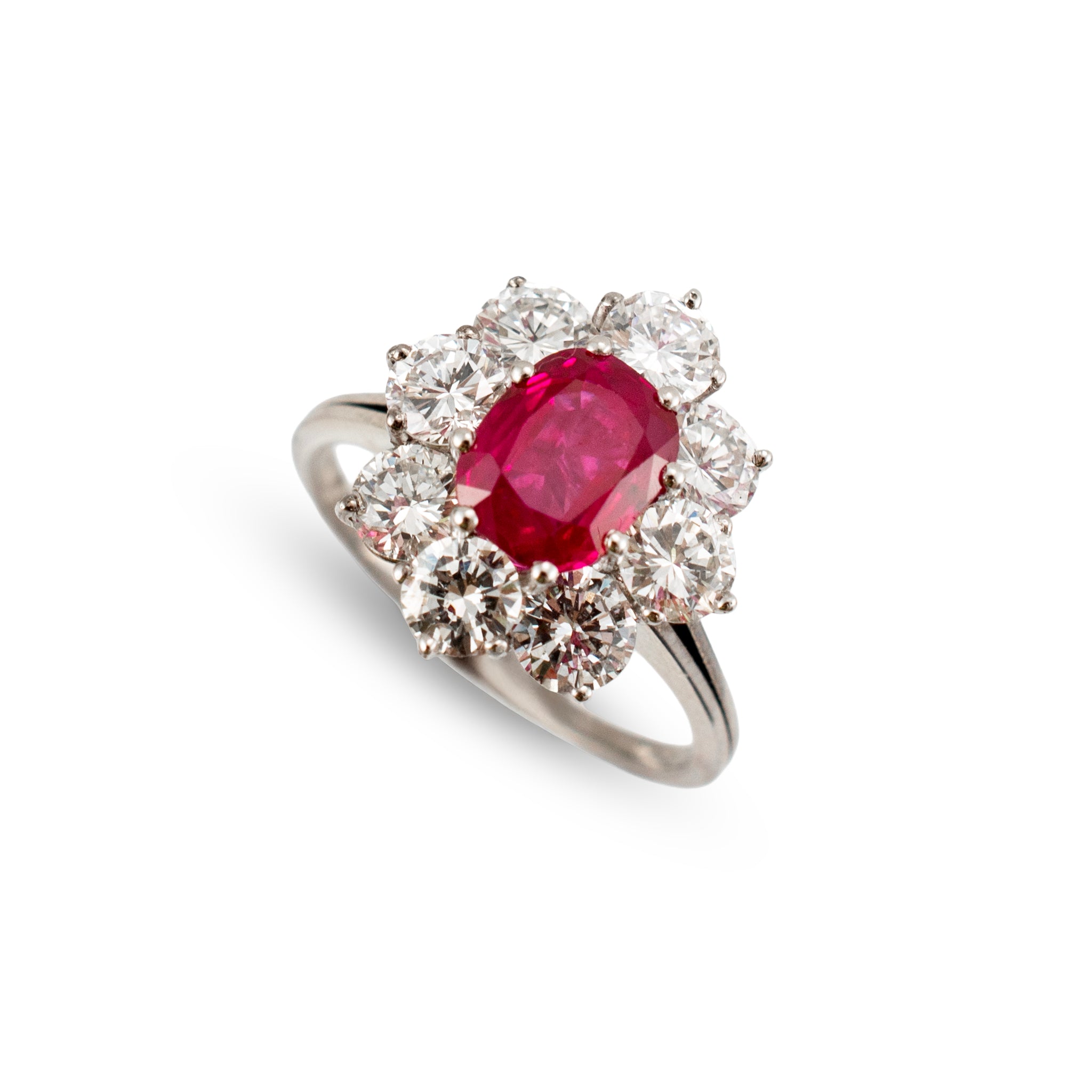Vintage 18K White Gold Gia 3.93ctw Burma Ruby Halo Diamond Floral Cocktail Ring