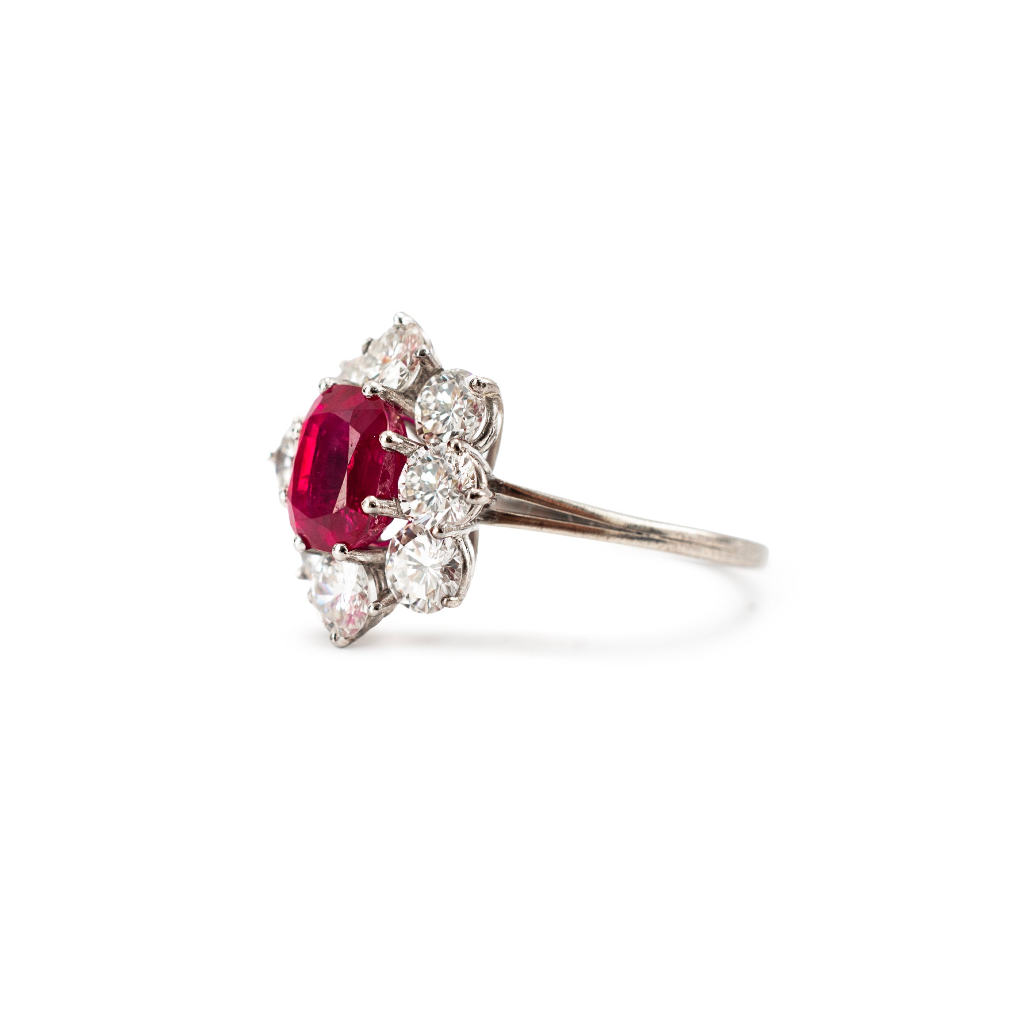 Vintage 18K White Gold Gia 3.93ctw Burma Ruby Halo Diamond Floral Cocktail Ring