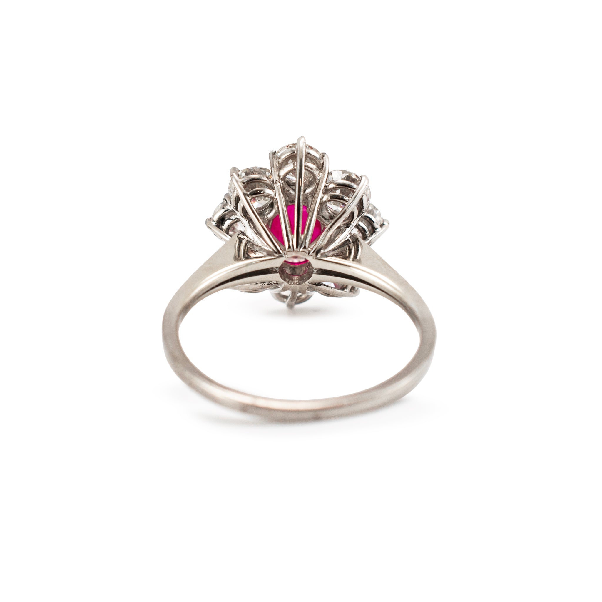 Vintage 18K White Gold Gia 3.93ctw Burma Ruby Halo Diamond Floral Cocktail Ring