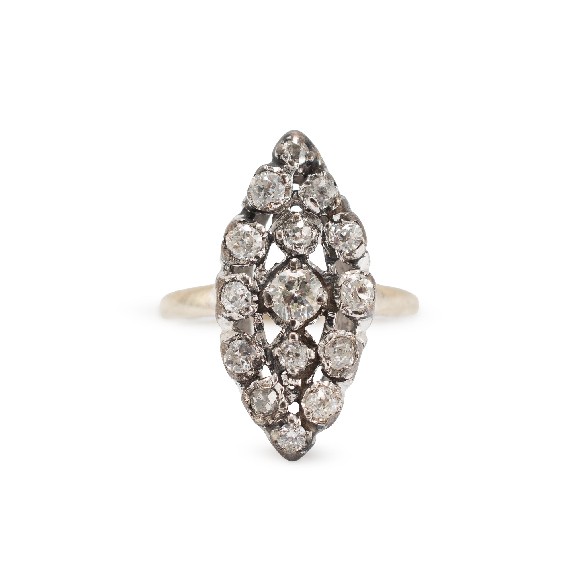 Antique Edwardian 14K White Gold 1.01ctw Diamond Elongated Navette Cocktail Ring