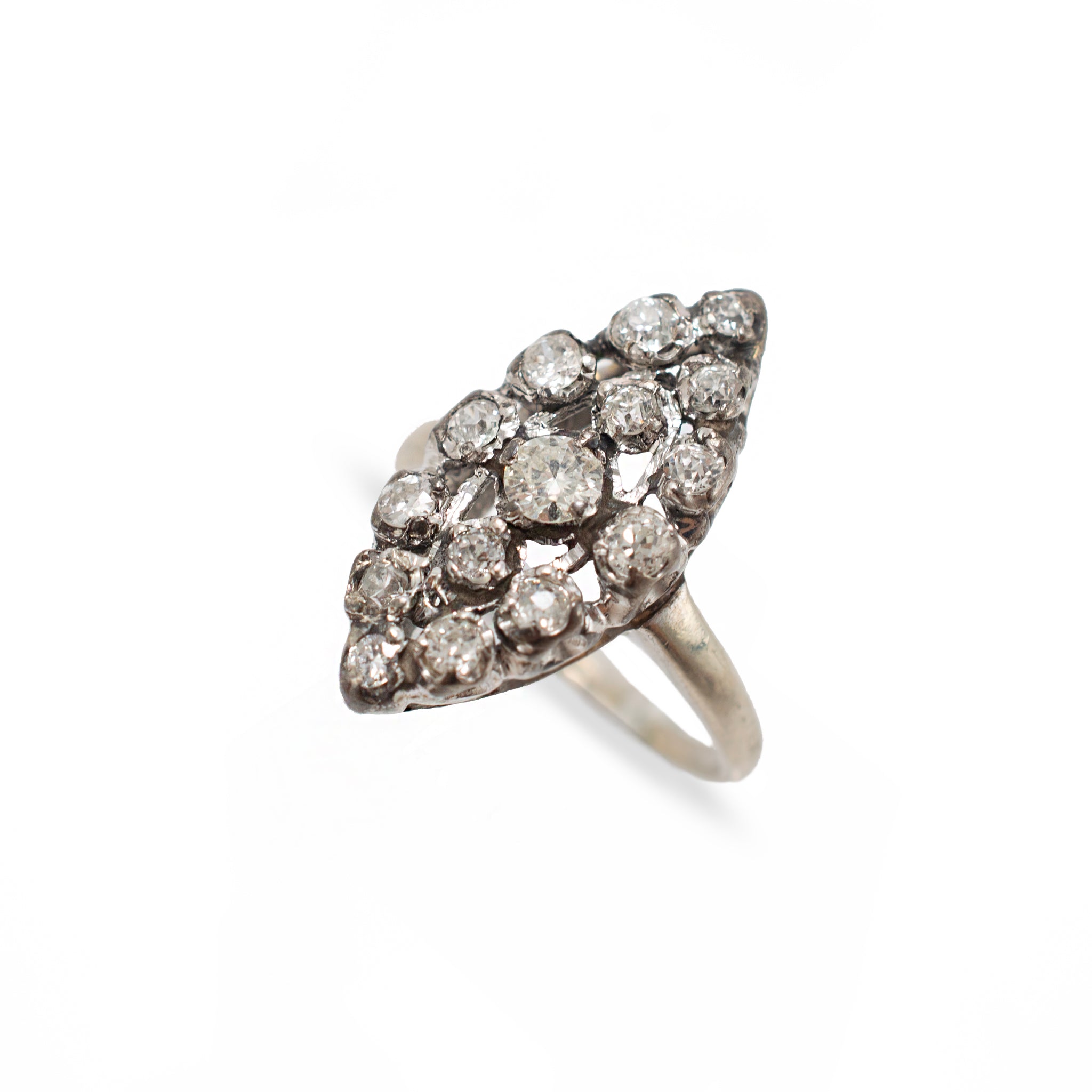 Antique Edwardian 14K White Gold 1.01ctw Diamond Elongated Navette Cocktail Ring