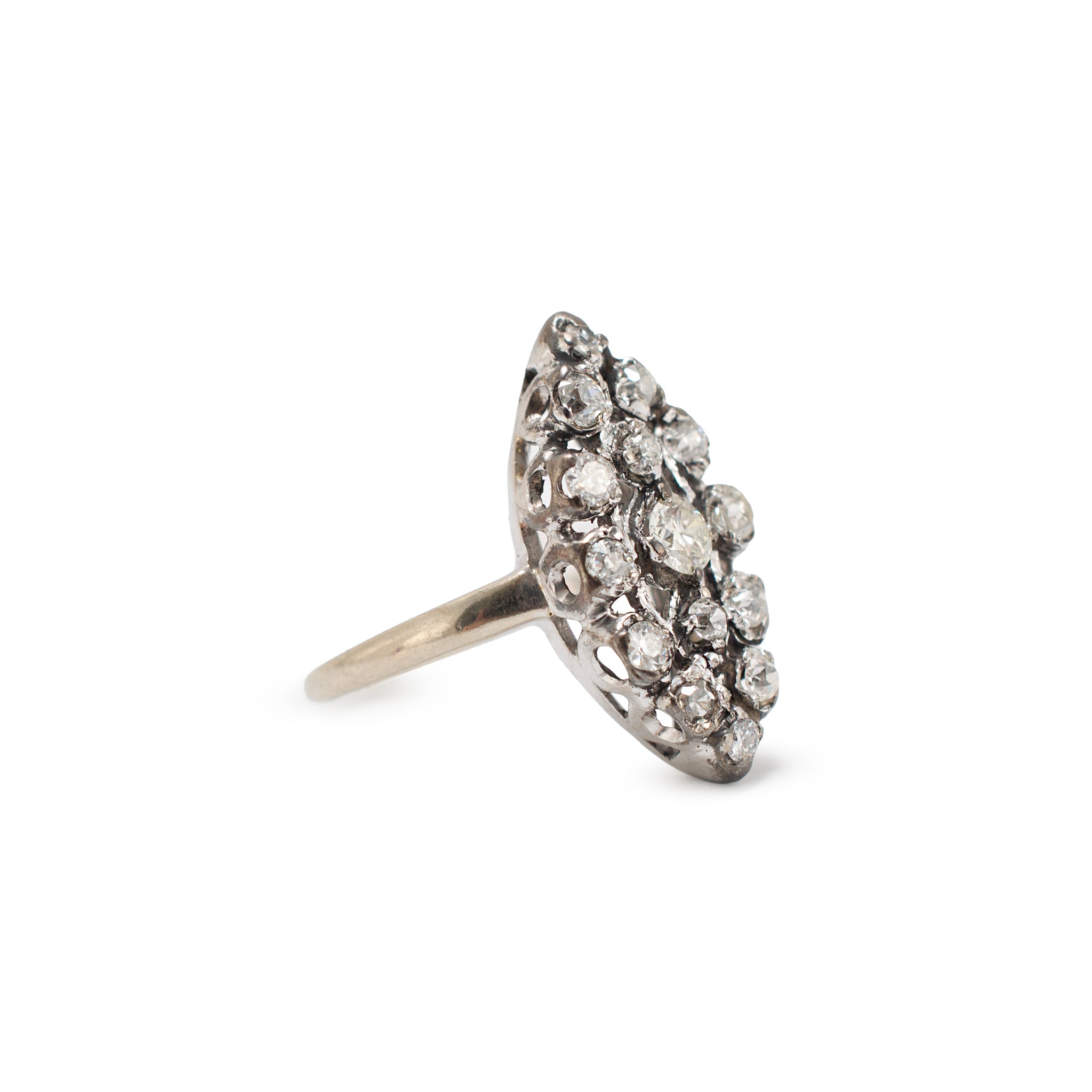 Antique Edwardian 14K White Gold 1.01ctw Diamond Elongated Navette Cocktail Ring
